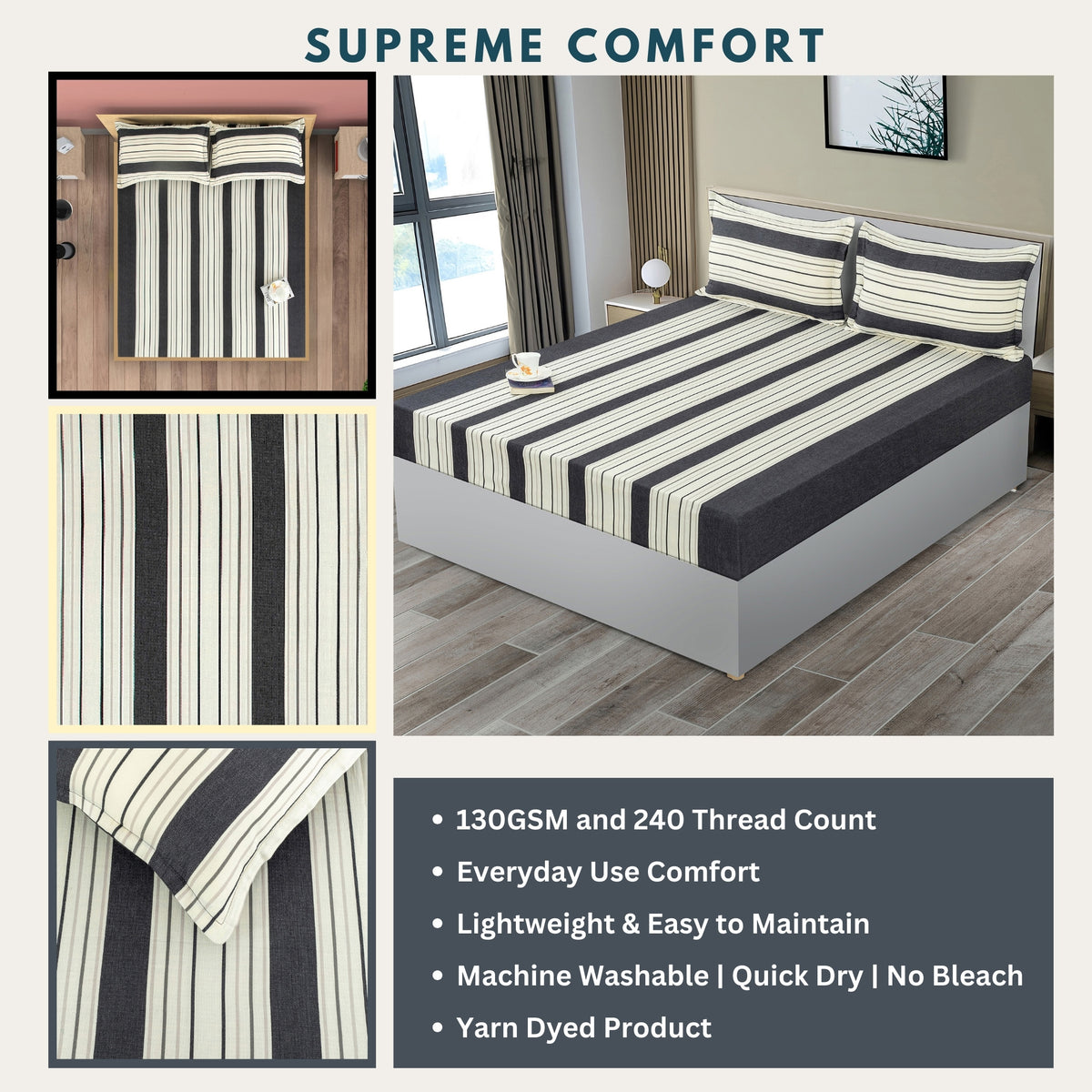 Charcoal Classic Stripe 240 TC Pure Cotton Bedsheet Set with Pillow Cover