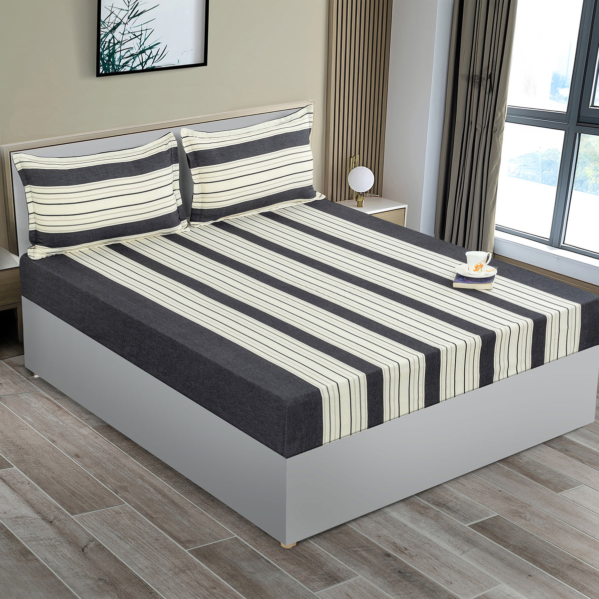 Charcoal Classic Stripe 240 TC Pure Cotton Bedsheet Set with Pillow Cover