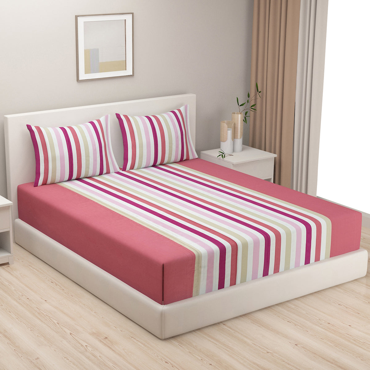 Blush Harmony Stripe 240 TC Pure Cotton Bedsheet Set with Pillow Cover