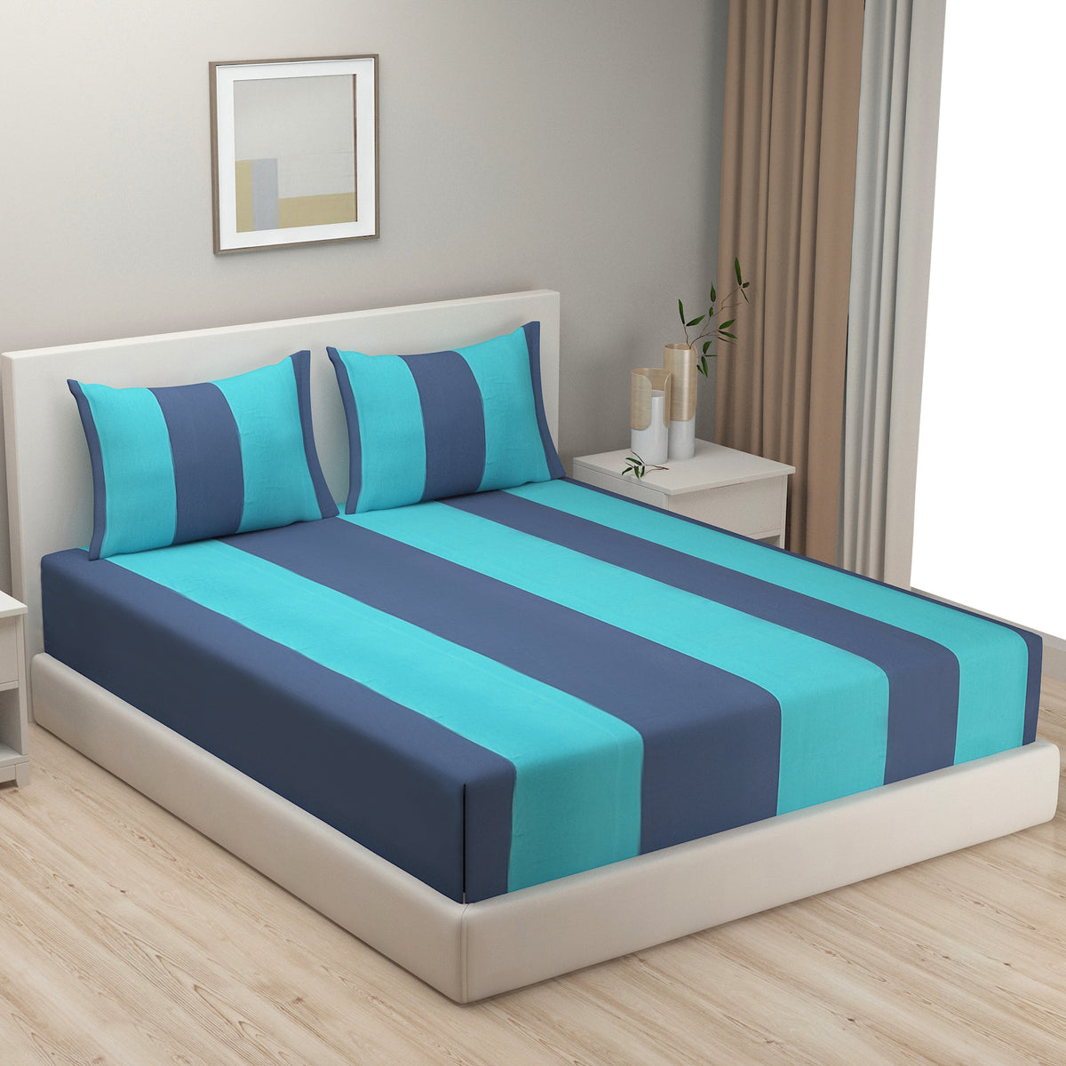 Aqua Marine Bold Stripe 240 TC Pure Cotton Bedsheet Set with Pillow Cover