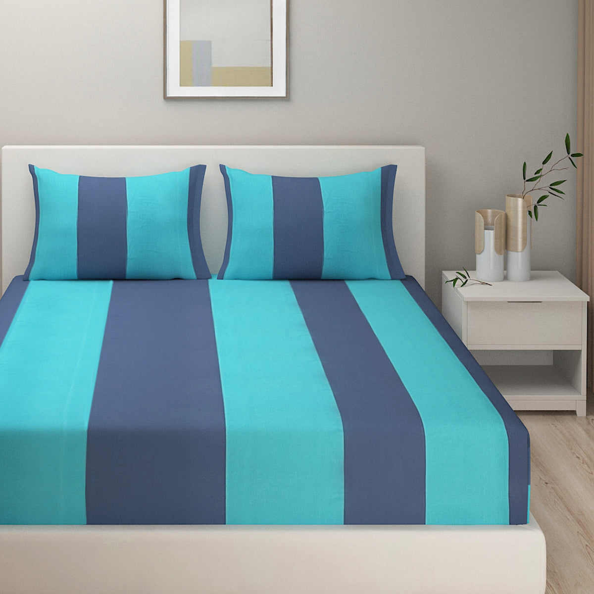 Aqua Marine Bold Stripe 240 TC Pure Cotton Bedsheet Set with Pillow Cover
