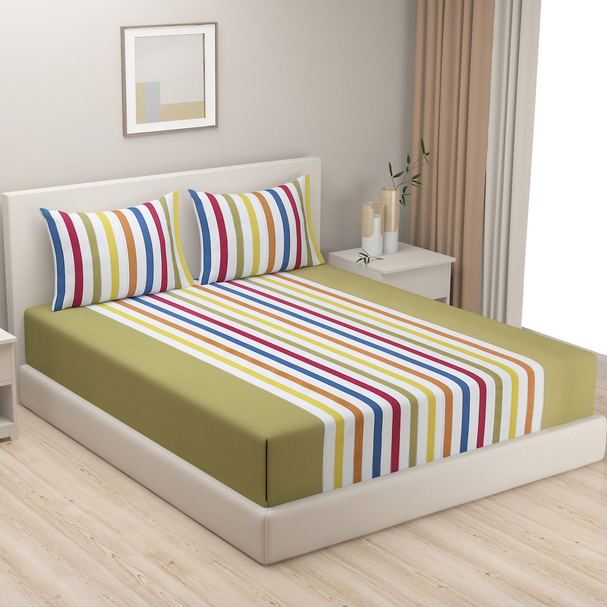 Olive Rainbow Stripe 240 TC Pure Cotton Bedsheet Set with Pillow Cover