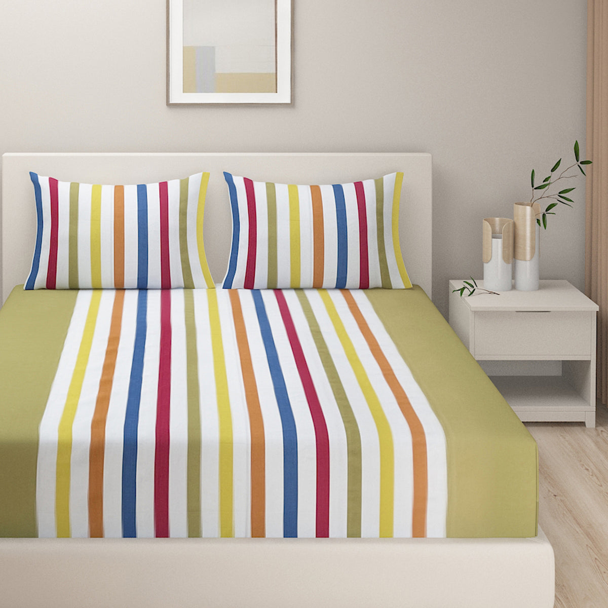 Olive Rainbow Stripe 240 TC Pure Cotton Bedsheet Set with Pillow Cover