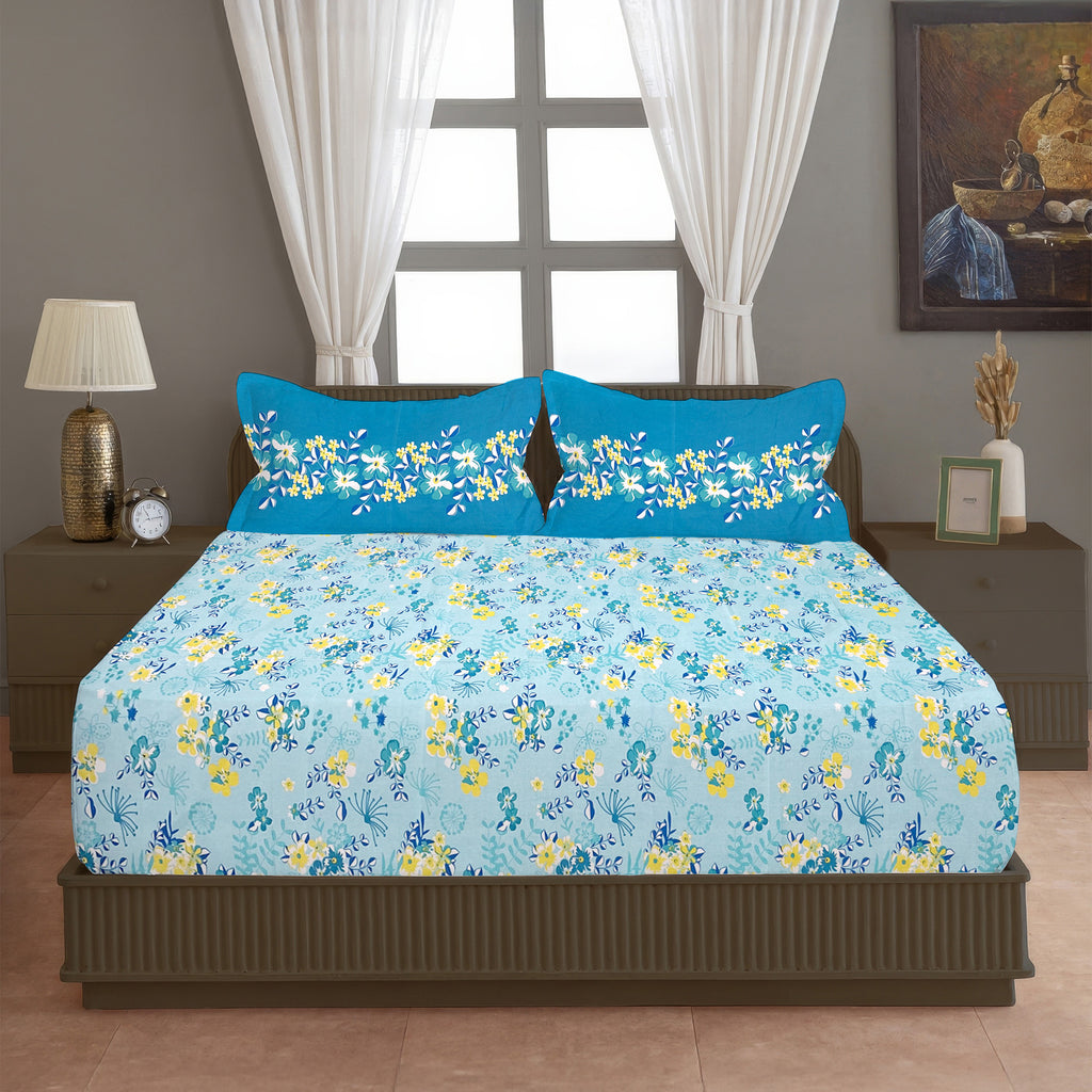 Aqua Daisy Meadow 120 TC Pure Cotton Bedsheet Set with Pillow Cover