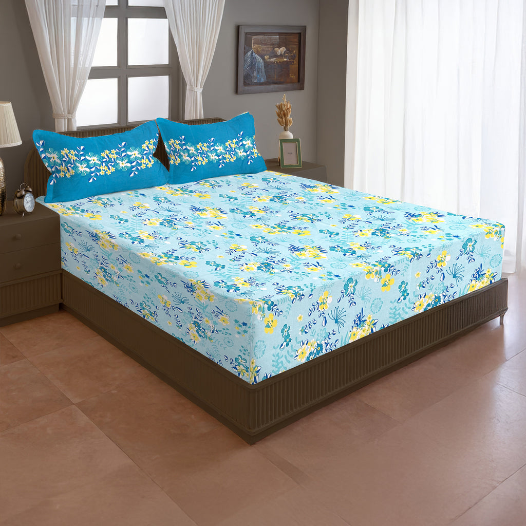 Aqua Daisy Meadow 120 TC Pure Cotton Bedsheet Set with Pillow Cover