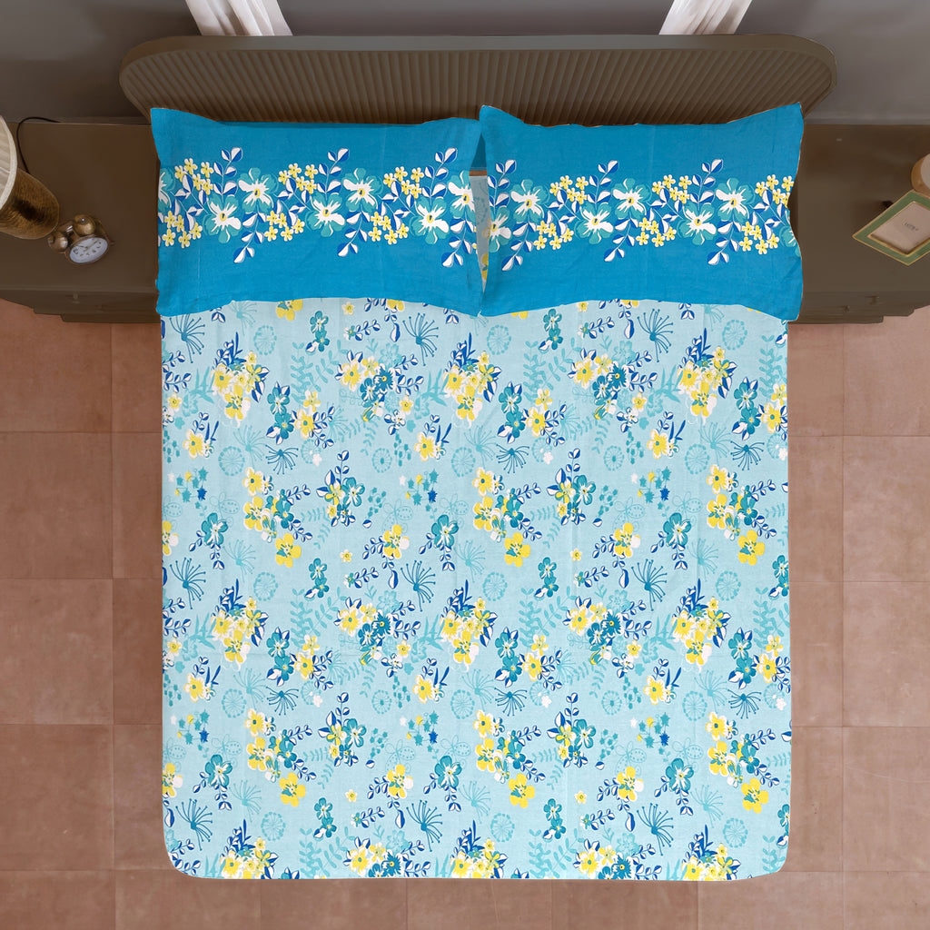 Aqua Daisy Meadow 120 TC Pure Cotton Bedsheet Set with Pillow Cover