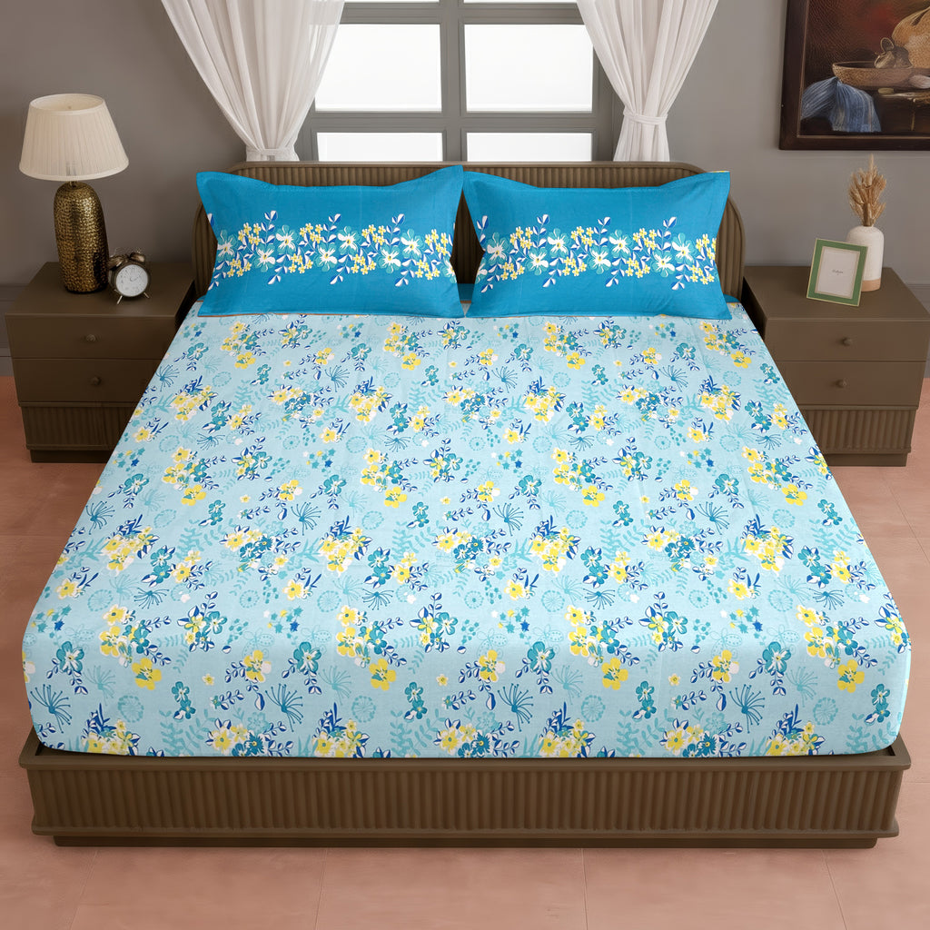 Aqua Daisy Meadow 120 TC Pure Cotton Bedsheet Set with Pillow Cover
