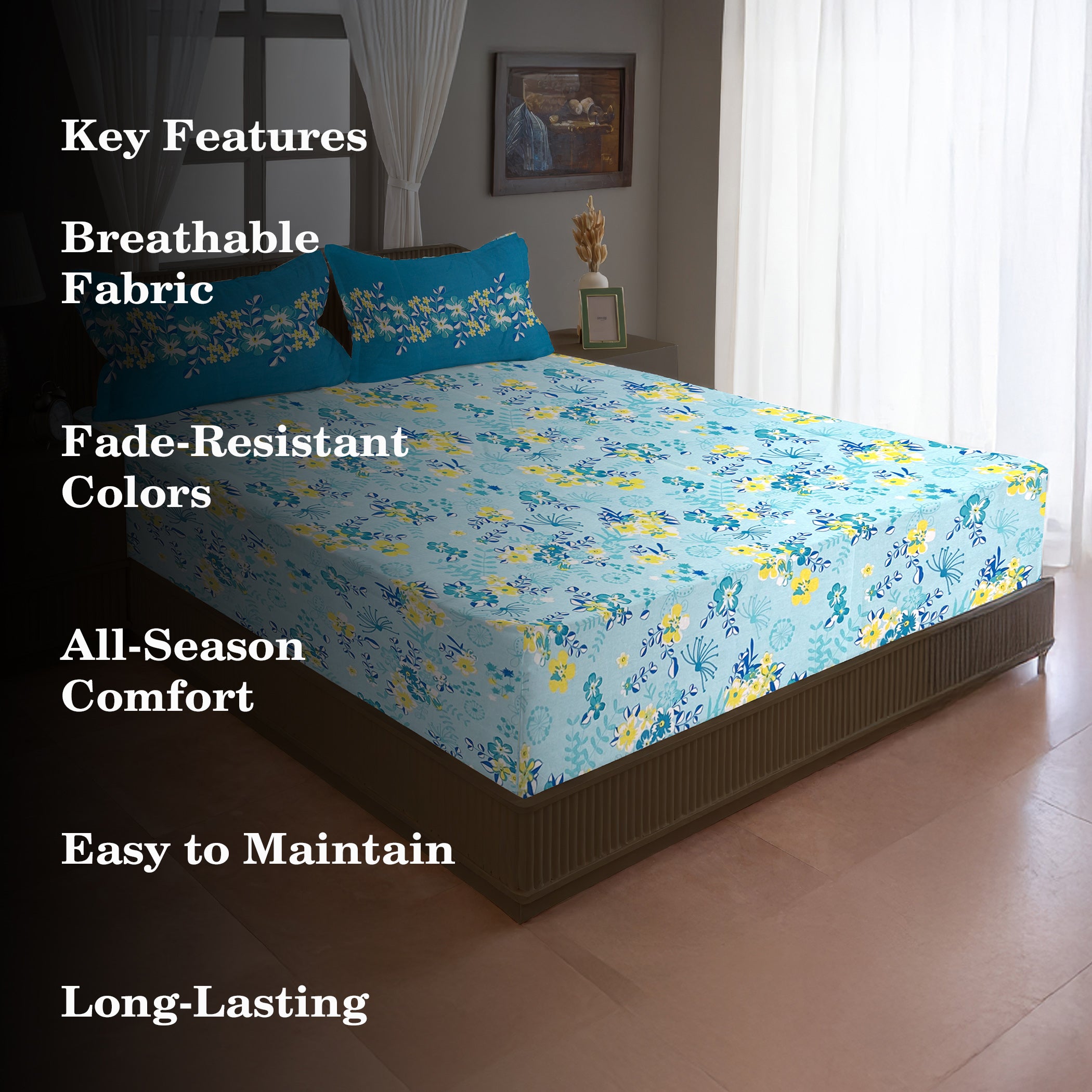 Aqua Daisy Meadow 120 TC Pure Cotton Bedsheet Set with Pillow Cover