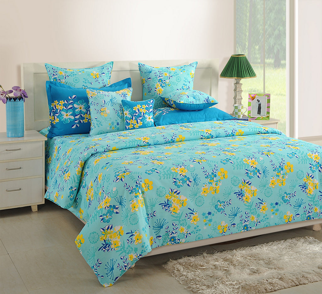 Aqua Daisy Meadow 120 TC Pure Cotton Bedsheet Set with Pillow Cover