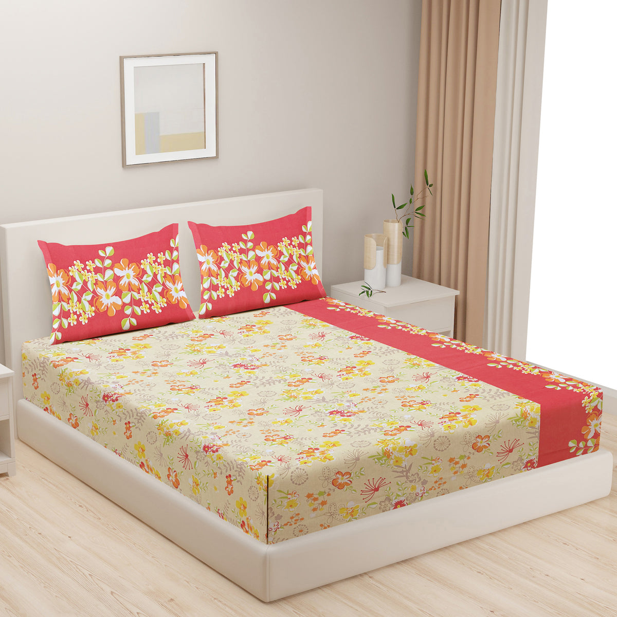Cream Coral Garden Fiesta 120 TC Pure Cotton Bedsheet Set with Pillow Cover