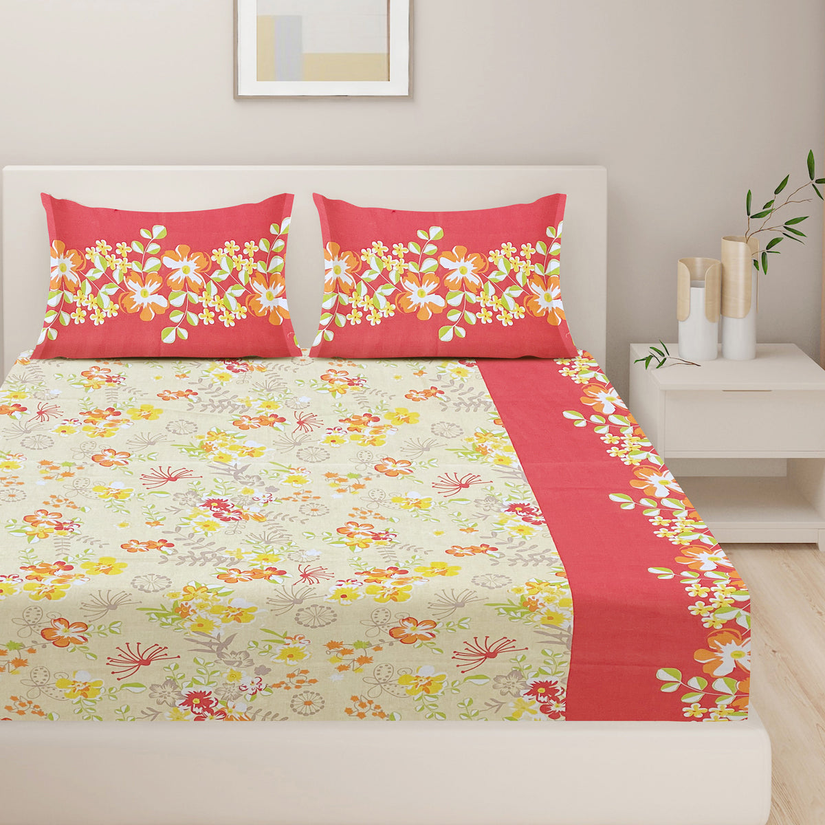 Cream Coral Garden Fiesta 120 TC Pure Cotton Bedsheet Set with Pillow Cover