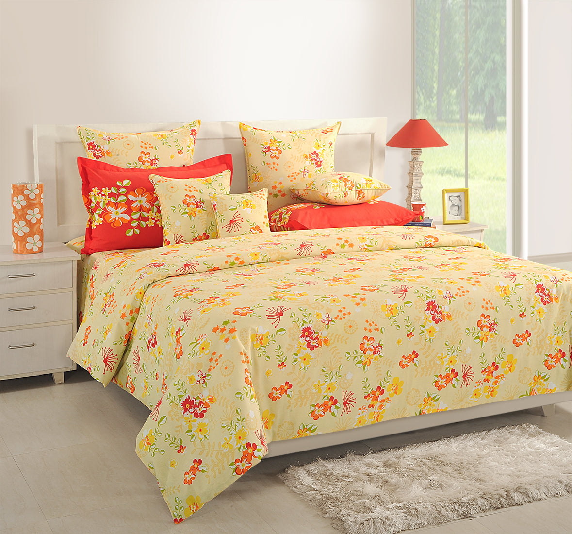 Cream Coral Garden Fiesta 120 TC Pure Cotton Bedsheet Set with Pillow Cover