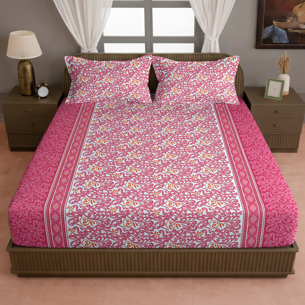 Coral Paisley Vine 120 TC Pure Cotton Bedsheet Set with Pillow Cover