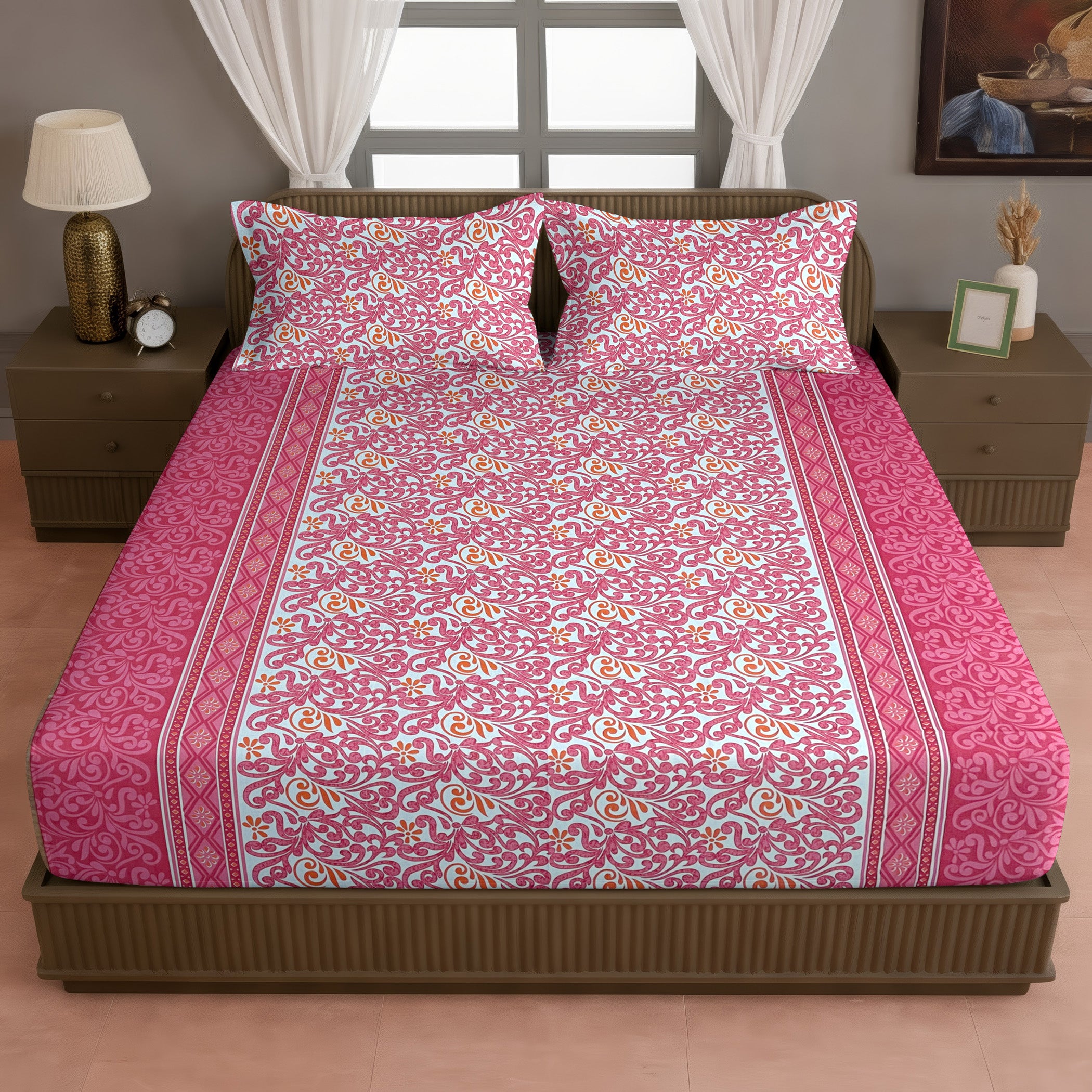Coral Paisley Vine 120 TC Pure Cotton Bedsheet Set with Pillow Cover