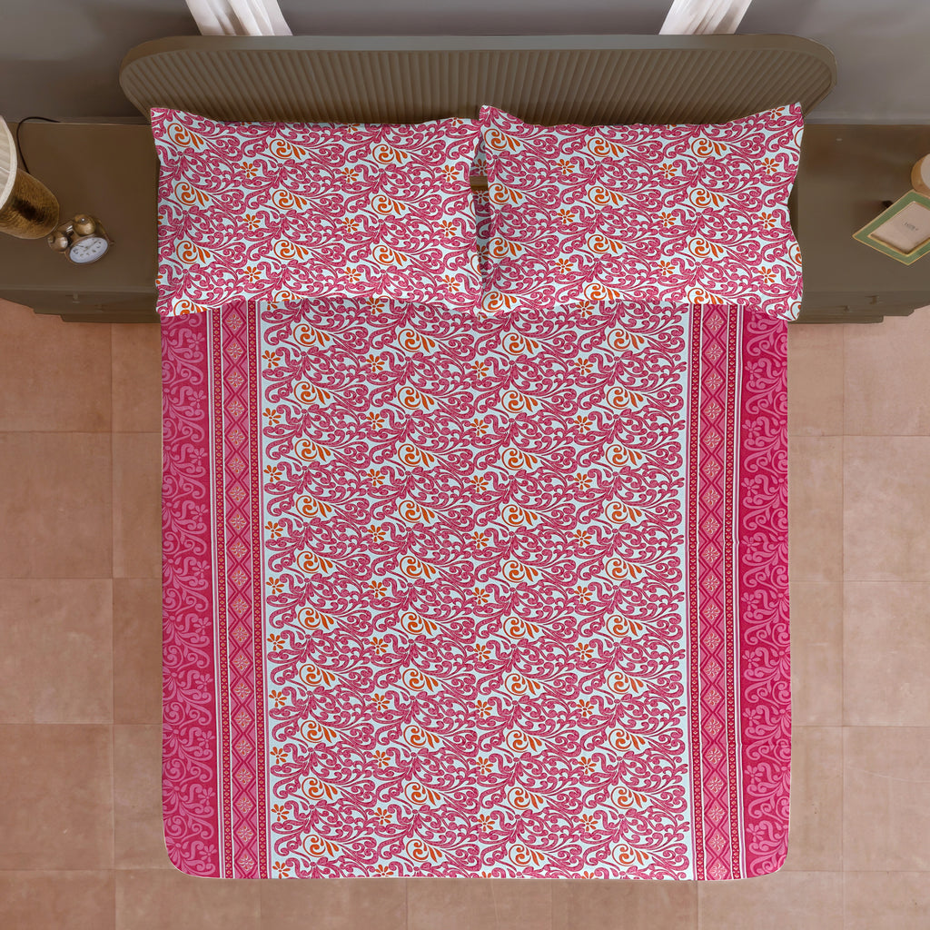 Coral Paisley Vine 120 TC Pure Cotton Bedsheet Set with Pillow Cover