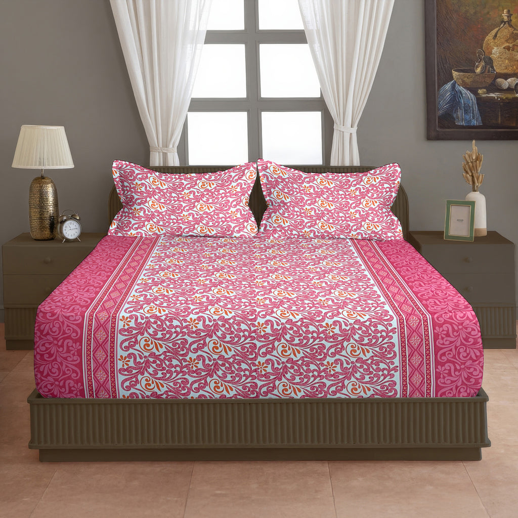 Coral Paisley Vine 120 TC Pure Cotton Bedsheet Set with Pillow Cover