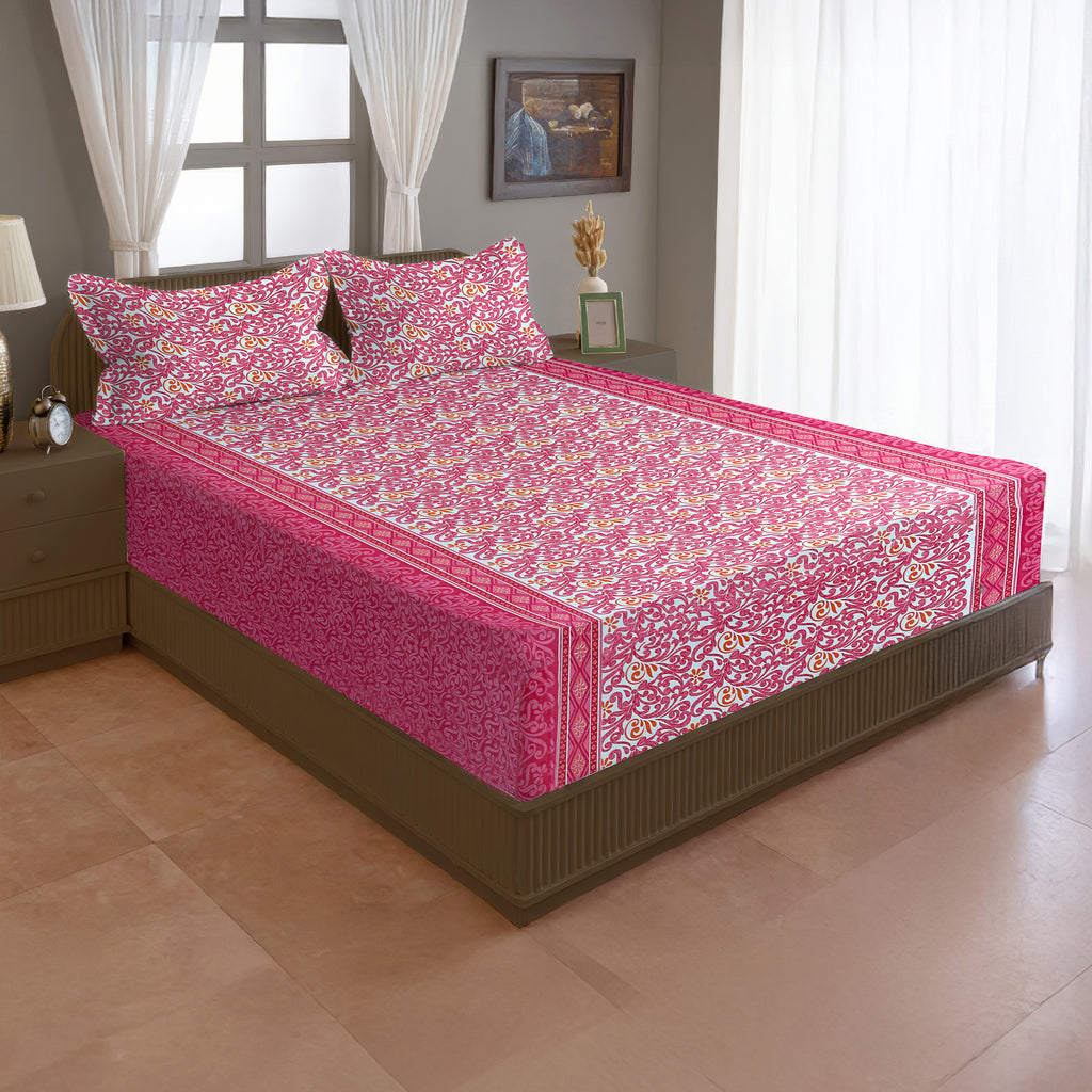 Coral Paisley Vine 120 TC Pure Cotton Bedsheet Set with Pillow Cover