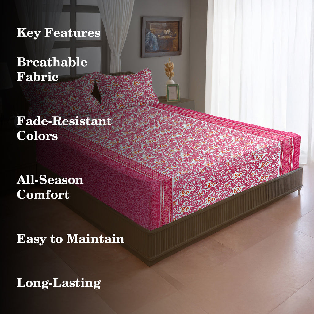 Coral Paisley Vine 120 TC Pure Cotton Bedsheet Set with Pillow Cover