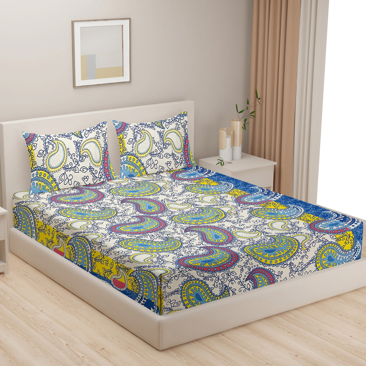 Ivory Rainbow Paisley 120 TC Pure Cotton Bedsheet Set with Pillow Cover