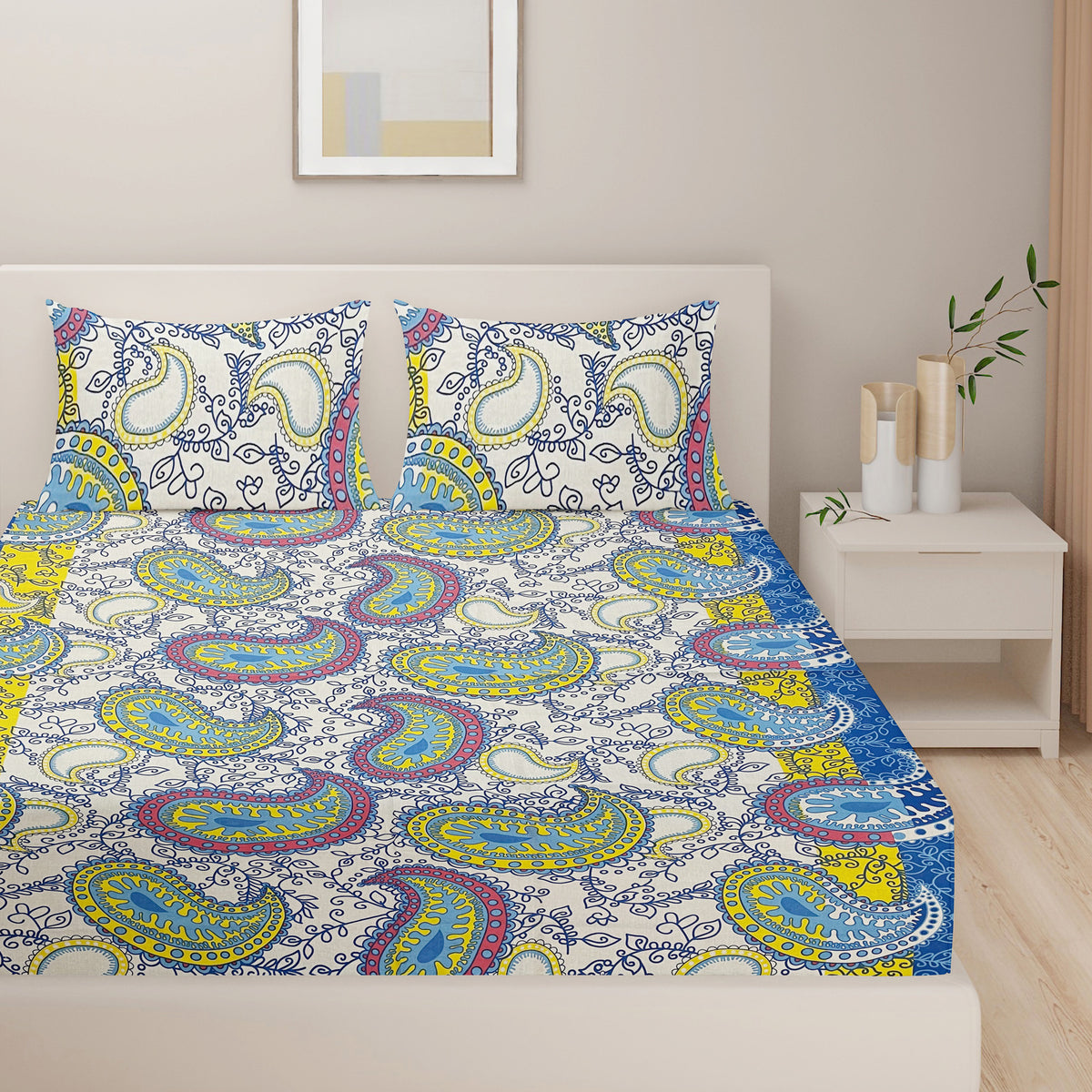 Ivory Rainbow Paisley 120 TC Pure Cotton Bedsheet Set with Pillow Cover