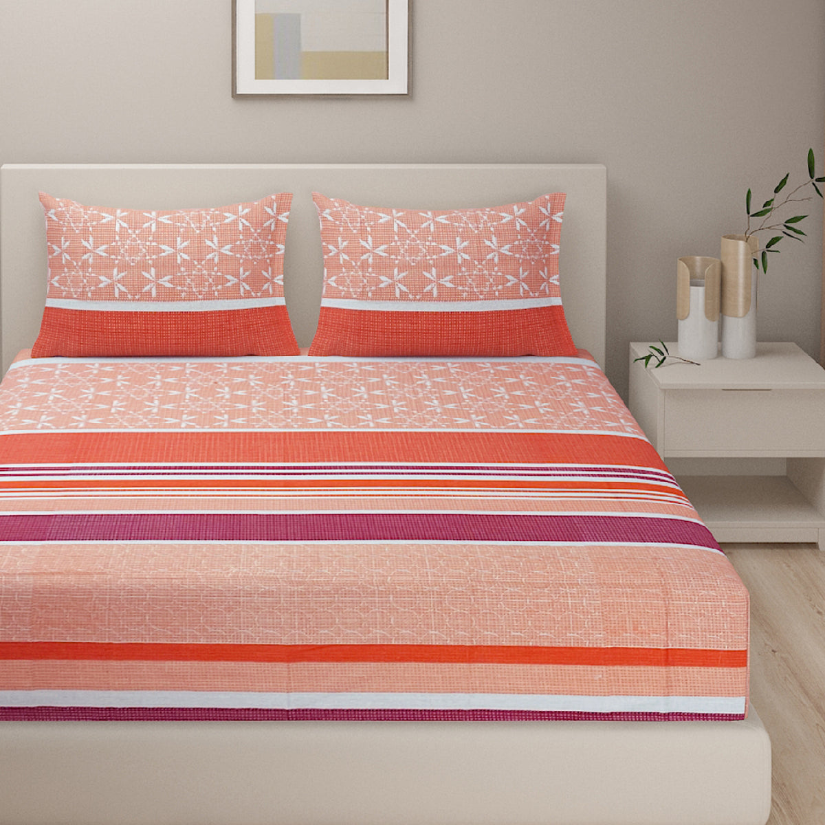 Coral Petal Lattice 120 TC Pure Cotton Bedsheet Set with Pillow Cover