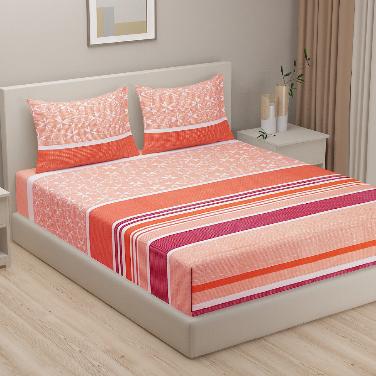 Coral Petal Lattice 120 TC Pure Cotton Bedsheet Set with Pillow Cover