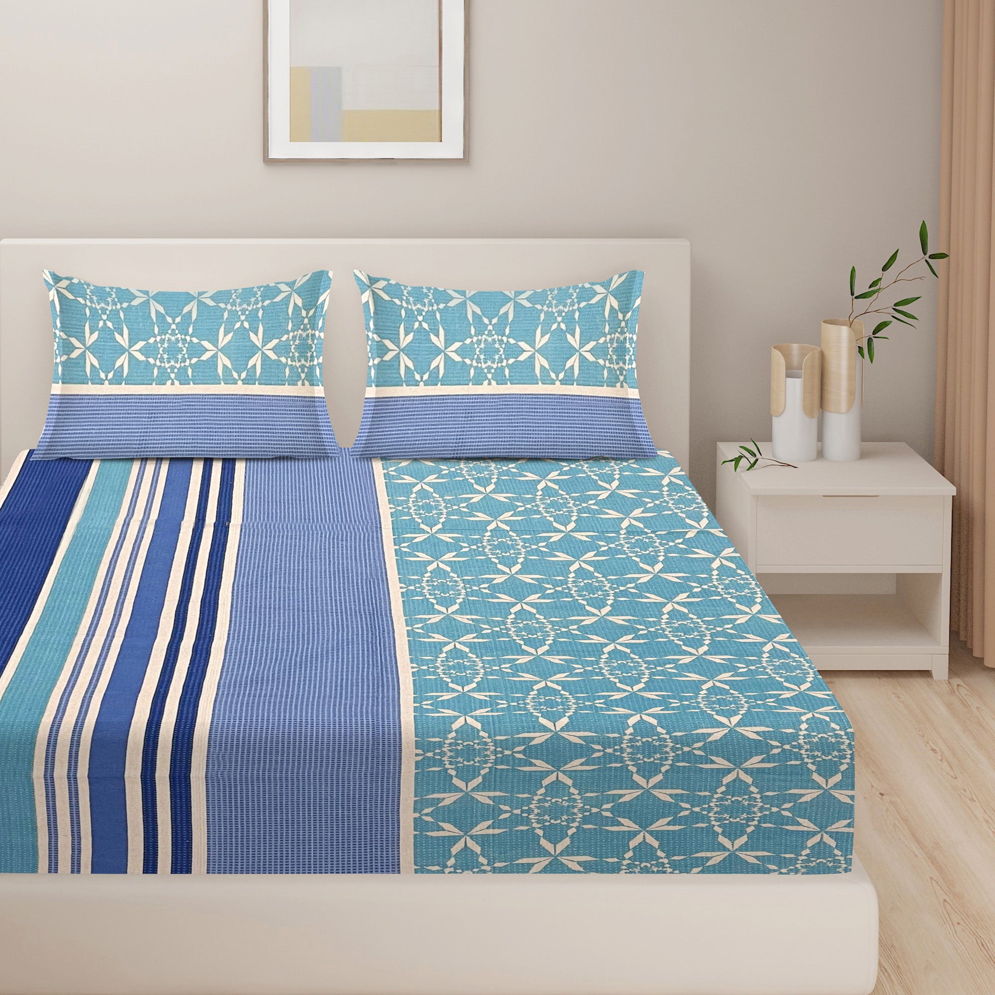 Aqua Geometric Stripe 120 TC Pure Cotton Bedsheet Set with Pillow Cover