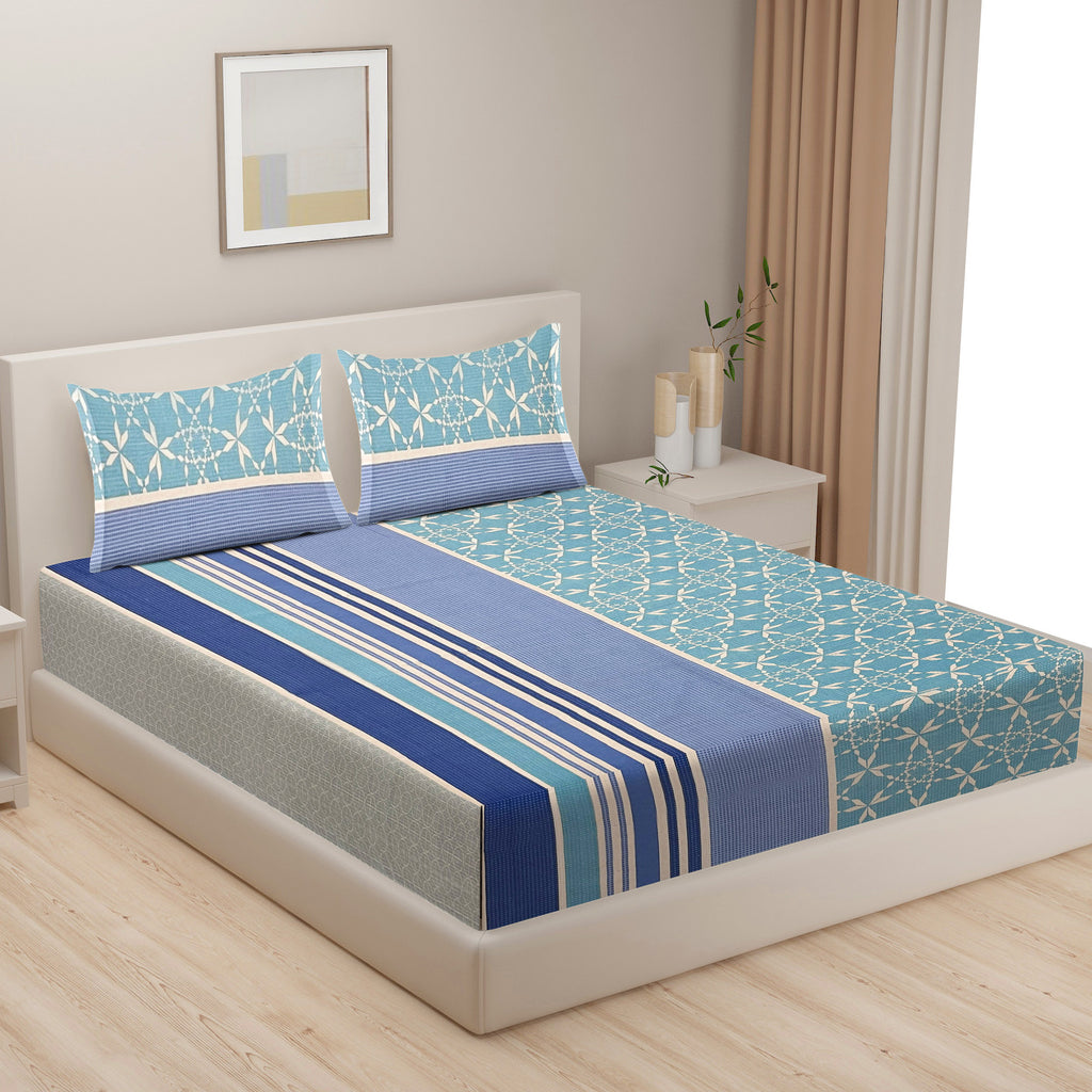 Aqua Geometric Stripe 120 TC Pure Cotton Bedsheet Set with Pillow Cover