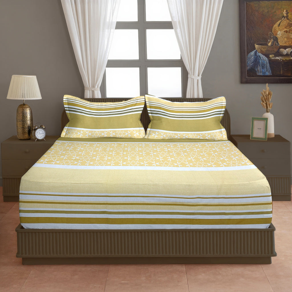 Mustard Meadow Stripe 120 TC Pure Cotton Bedsheet Set with Pillow Cover