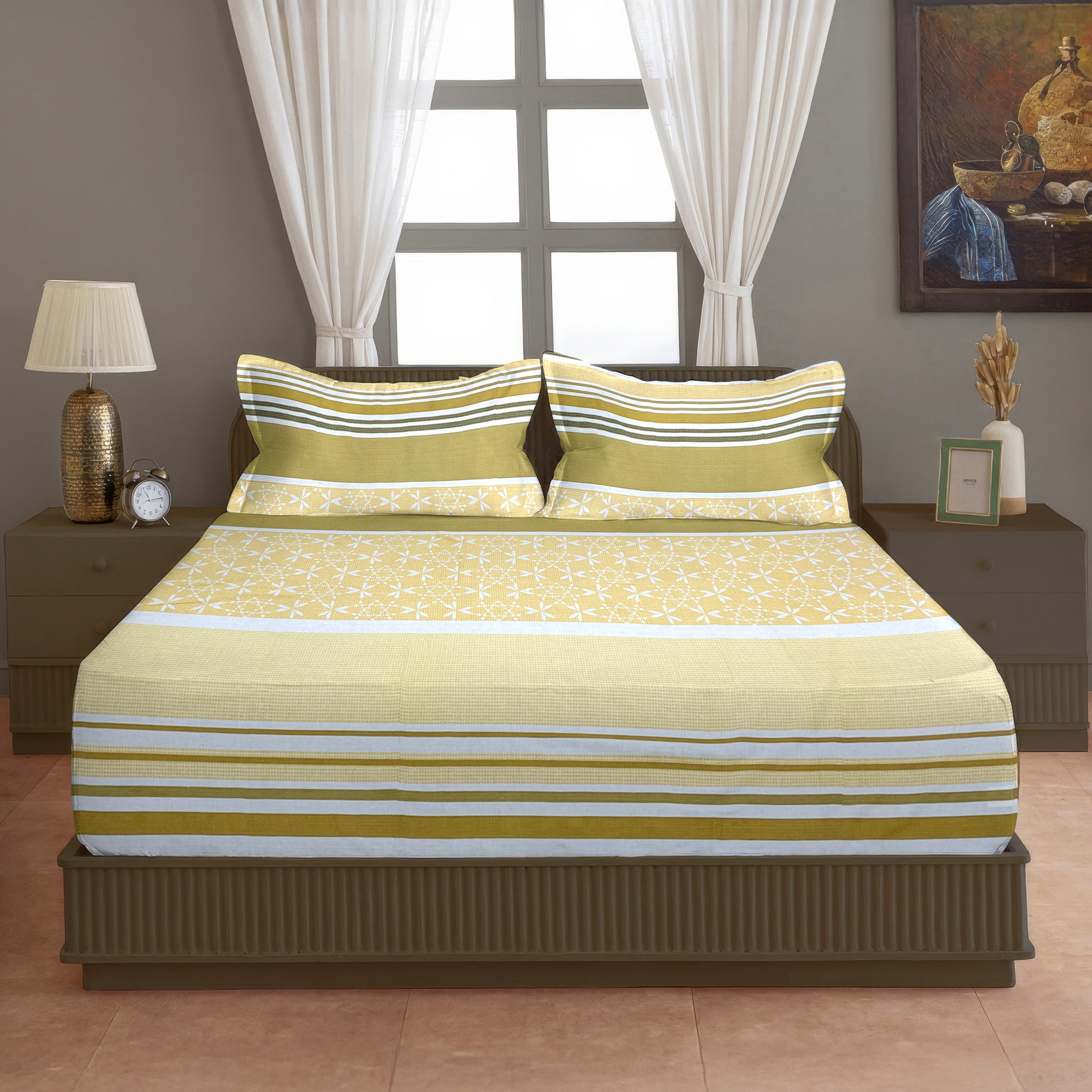 Mustard Meadow Stripe 120 TC Pure Cotton Bedsheet Set with Pillow Cover