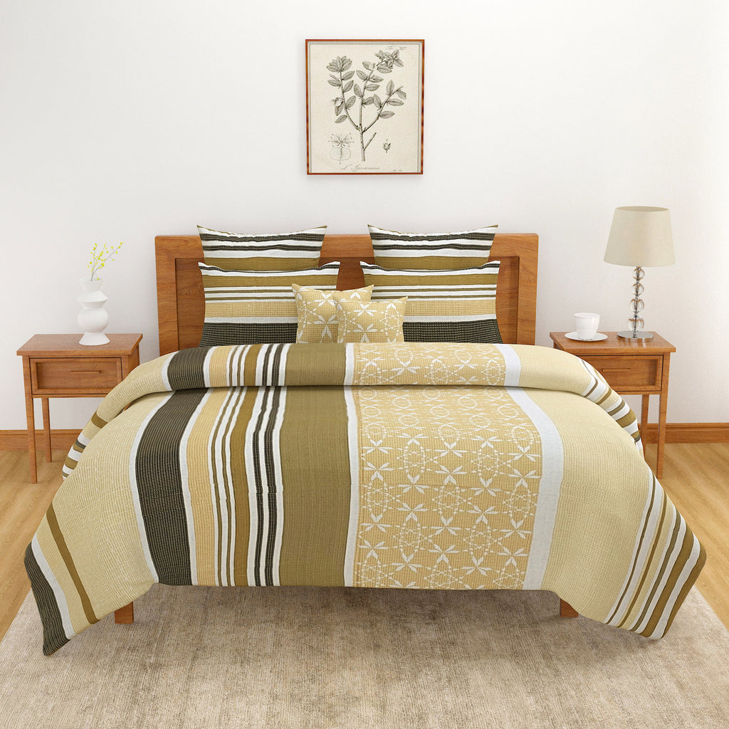 Mustard Meadow Stripe 120 TC Pure Cotton Bedsheet Set with Pillow Cover