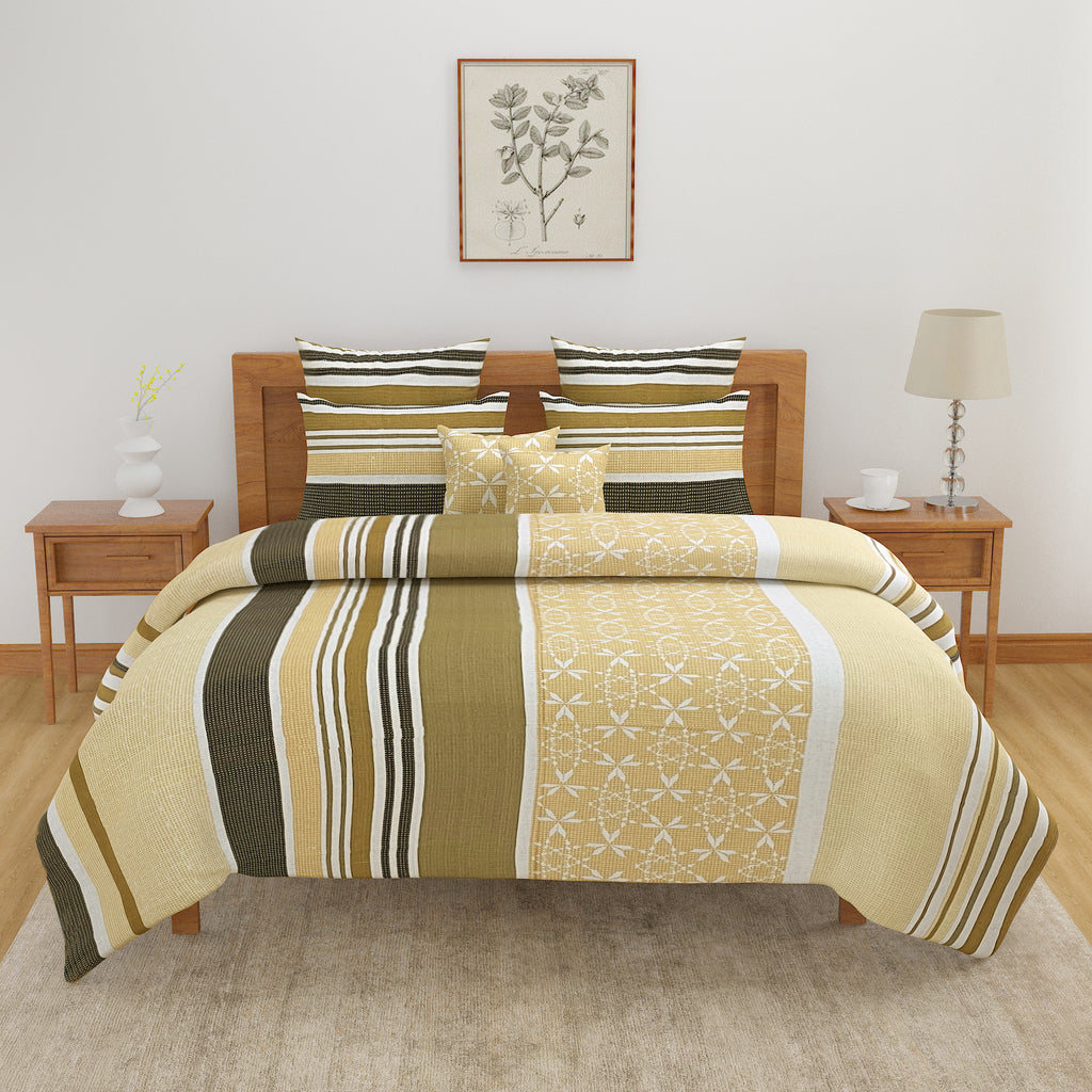 Mustard Meadow Stripe 120 TC Pure Cotton Bedsheet Set with Pillow Cover