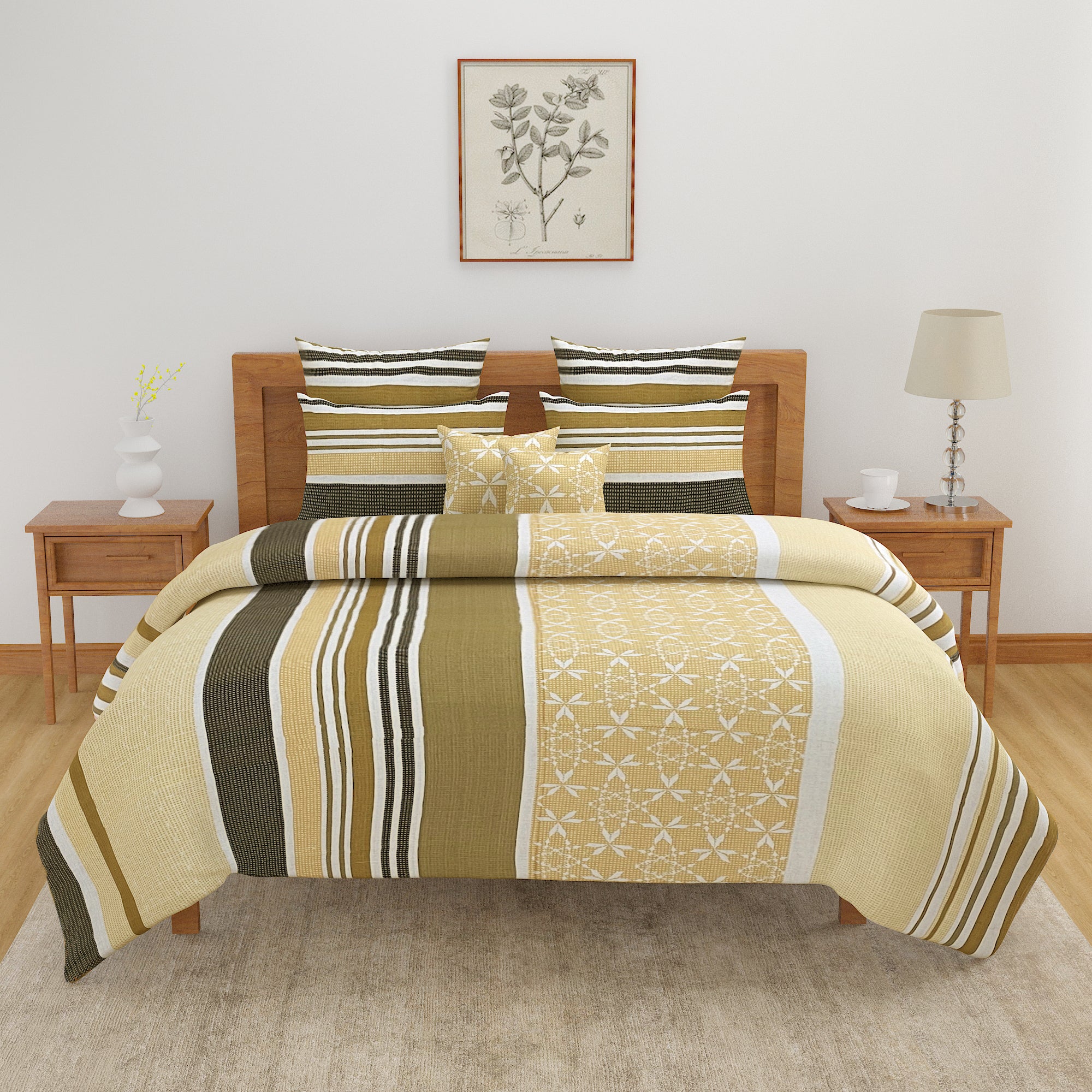 Mustard Meadow Stripe 120 TC Pure Cotton Bedsheet Set with Pillow Cover