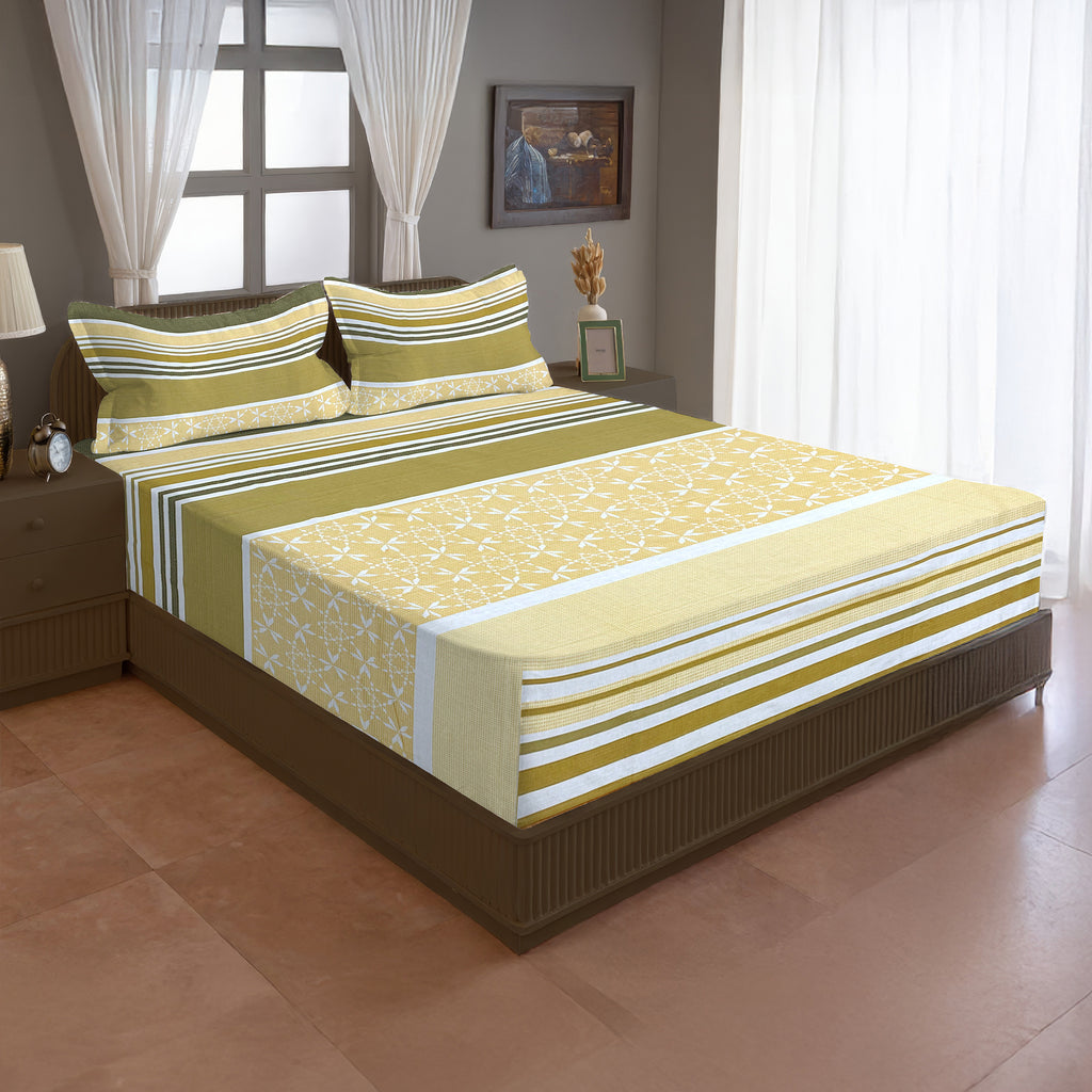 Mustard Meadow Stripe 120 TC Pure Cotton Bedsheet Set with Pillow Cover