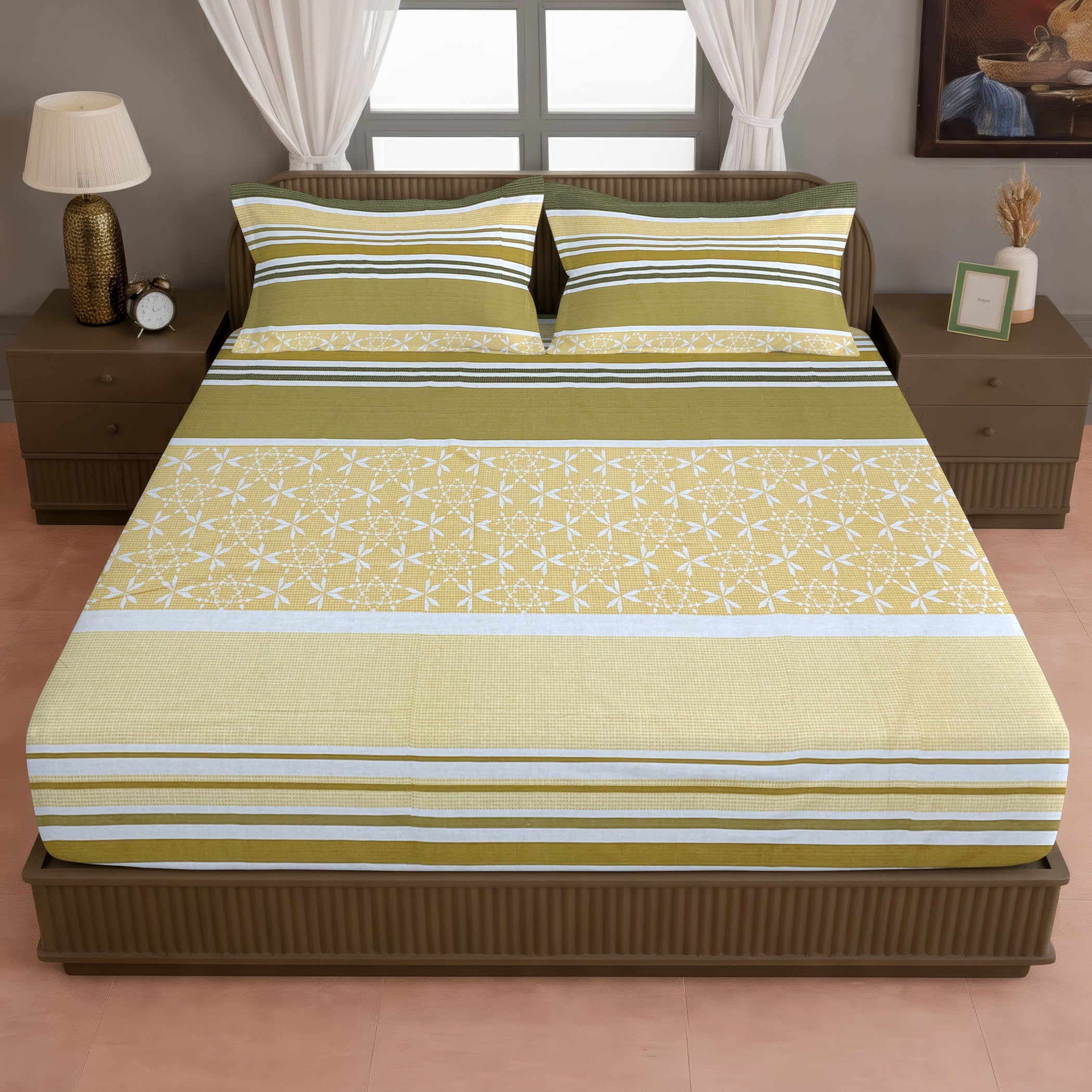 Mustard Meadow Stripe 120 TC Pure Cotton Bedsheet Set with Pillow Cover