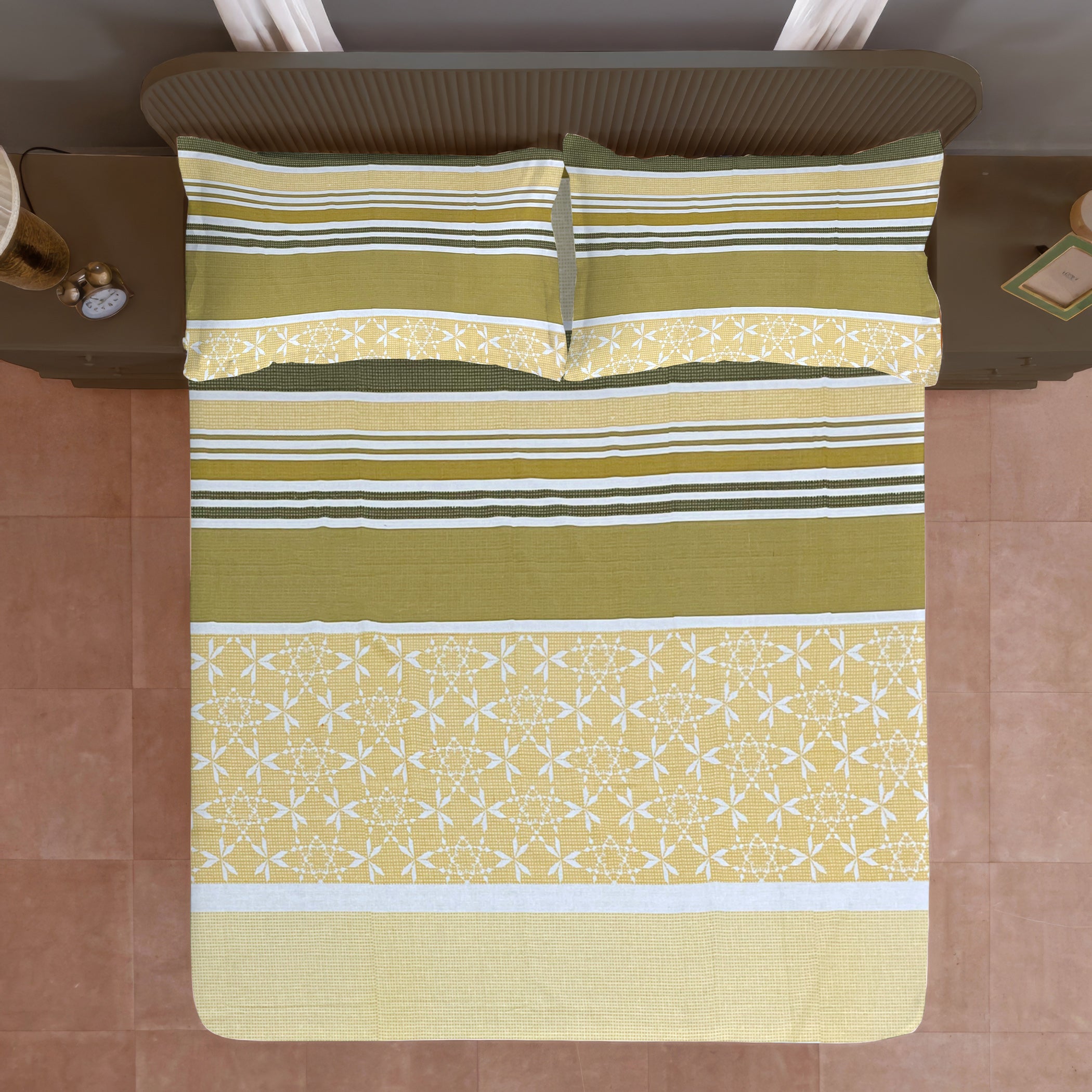 Mustard Meadow Stripe 120 TC Pure Cotton Bedsheet Set with Pillow Cover