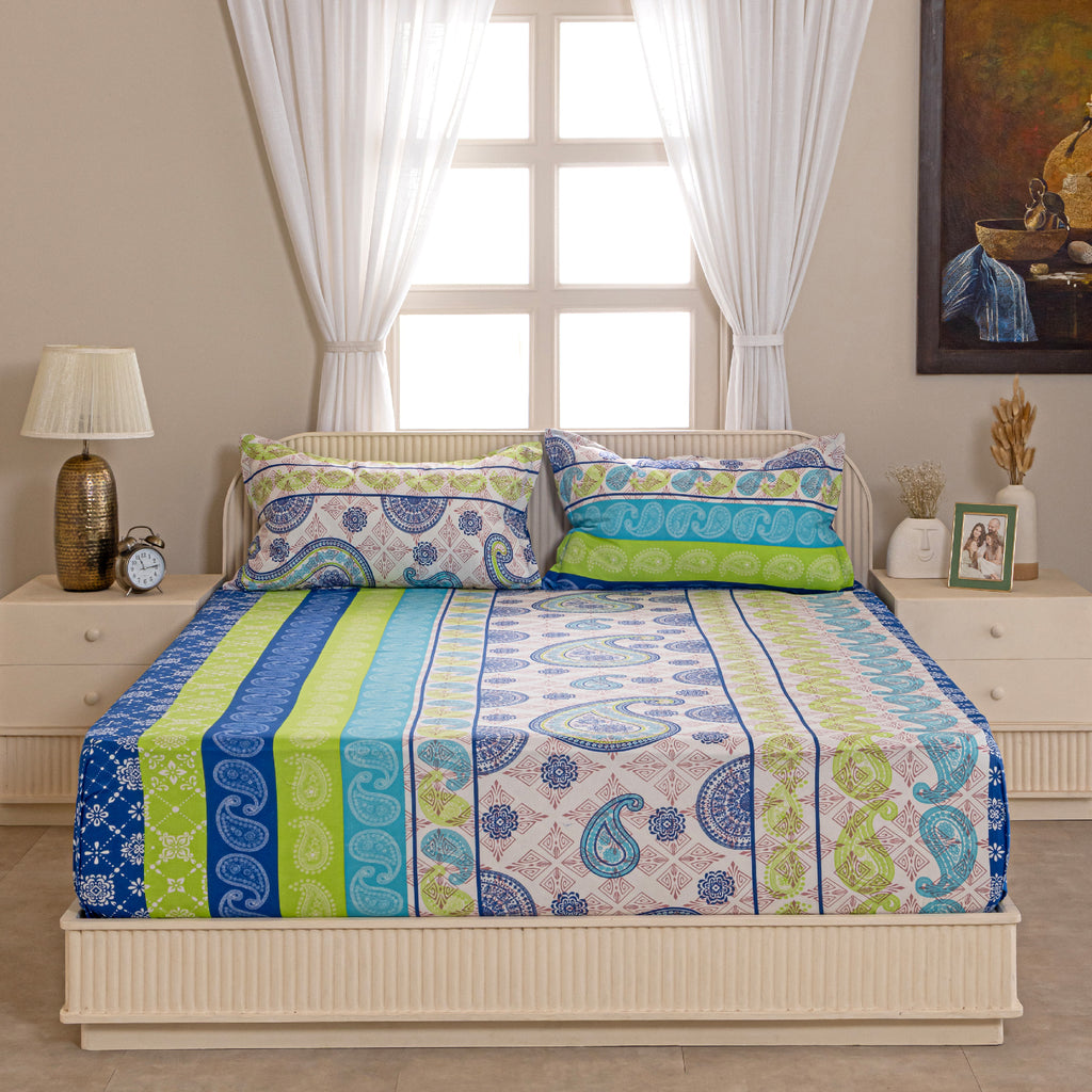Tropical Paisley Stripe 120 TC Pure Cotton Bedsheet Set with Pillow Cover