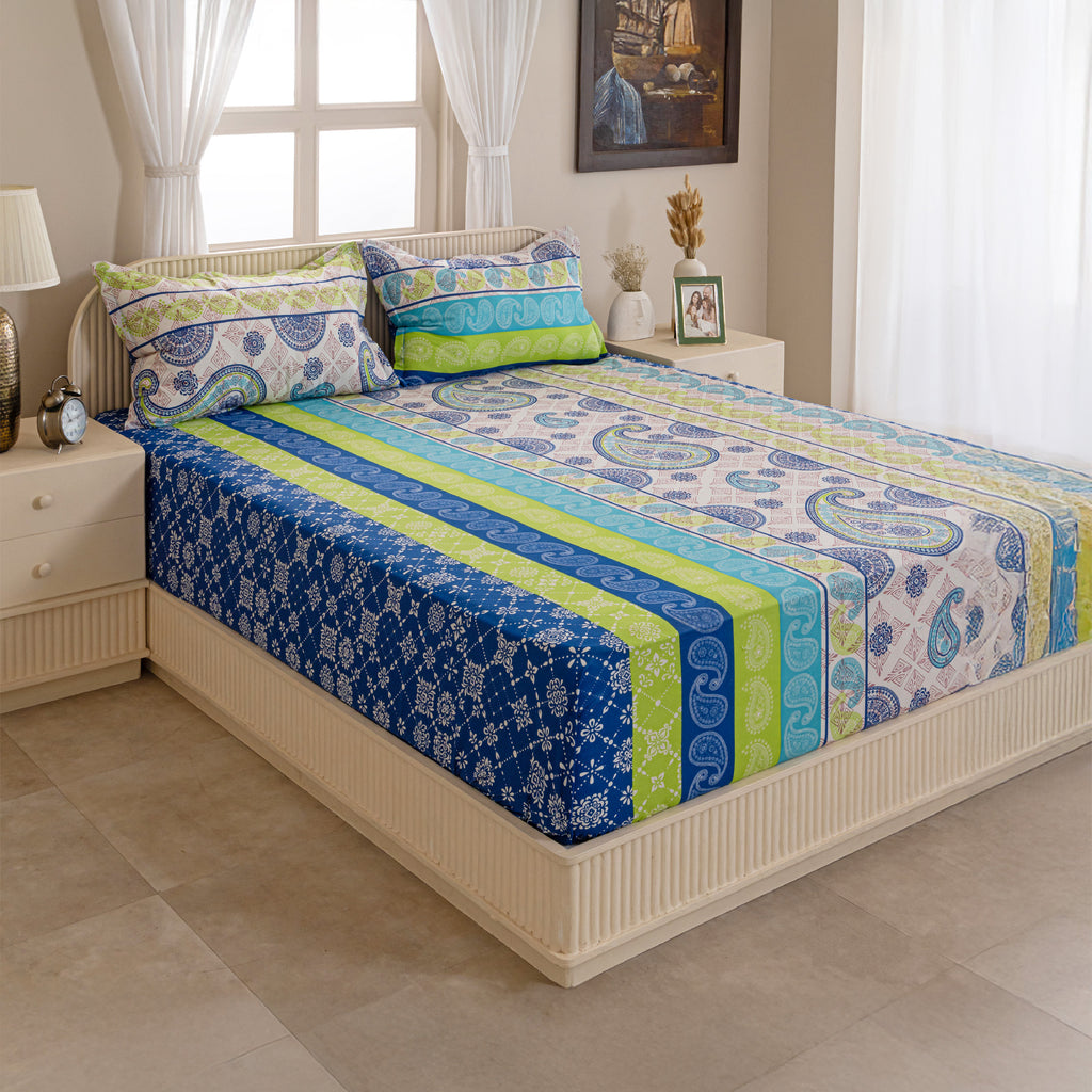 Tropical Paisley Stripe 120 TC Pure Cotton Bedsheet Set with Pillow Cover