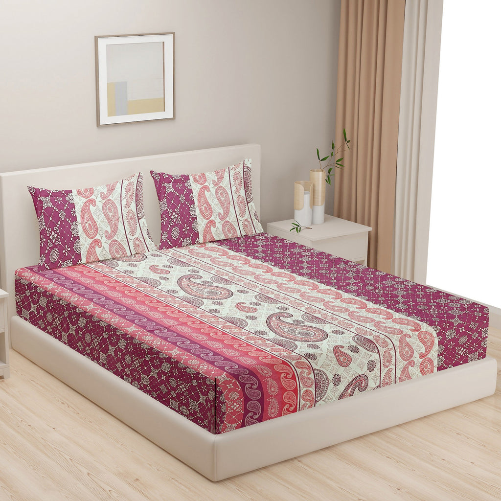 Berry Paisley Patchwork 120 TC Pure Cotton Bedsheet Set with Pillow Cover
