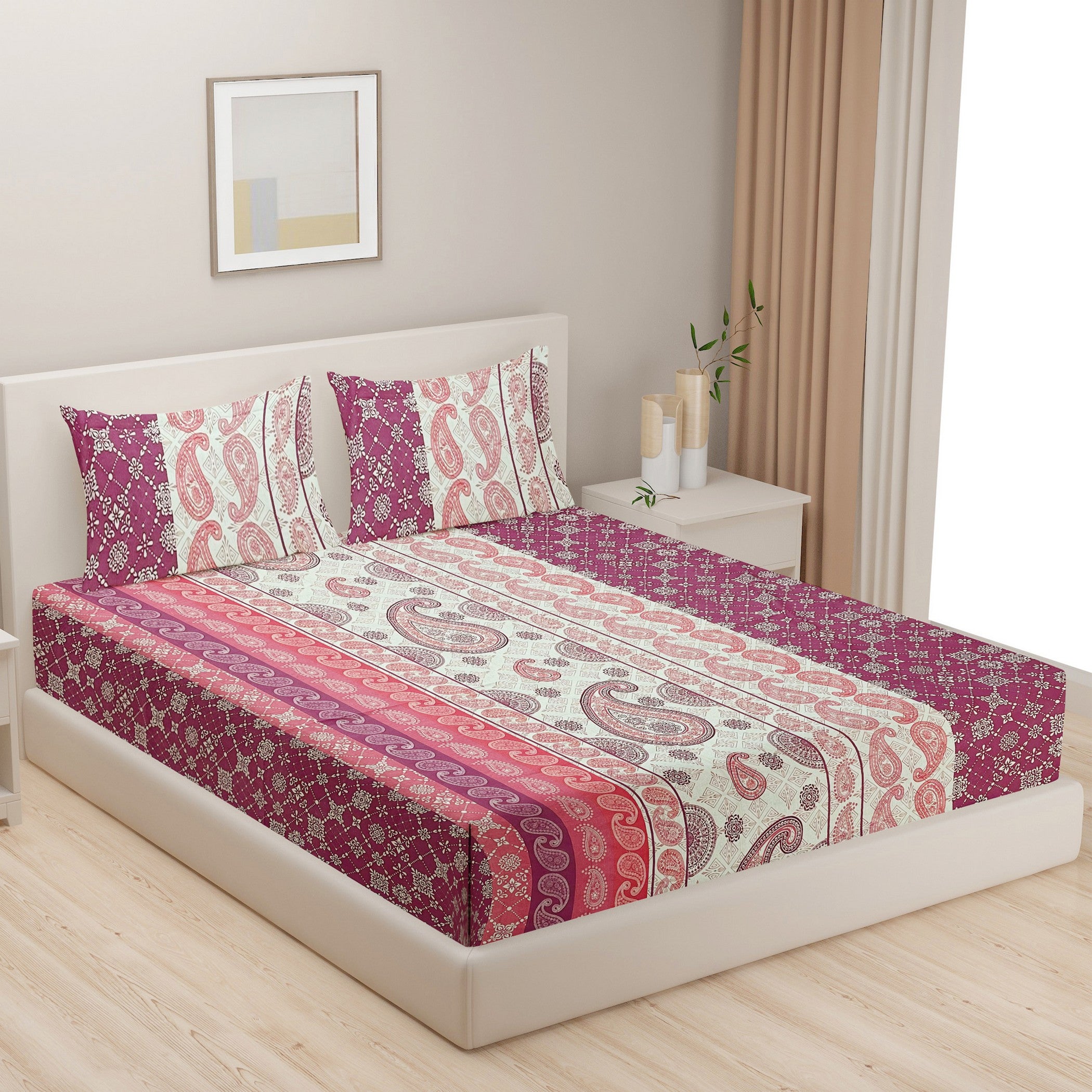 Berry Paisley Patchwork 120 TC Pure Cotton Bedsheet Set with Pillow Cover