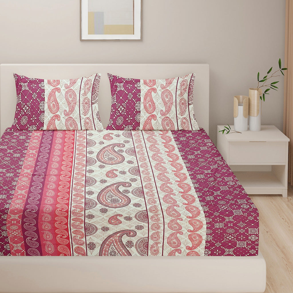 Berry Paisley Patchwork 120 TC Pure Cotton Bedsheet Set with Pillow Cover