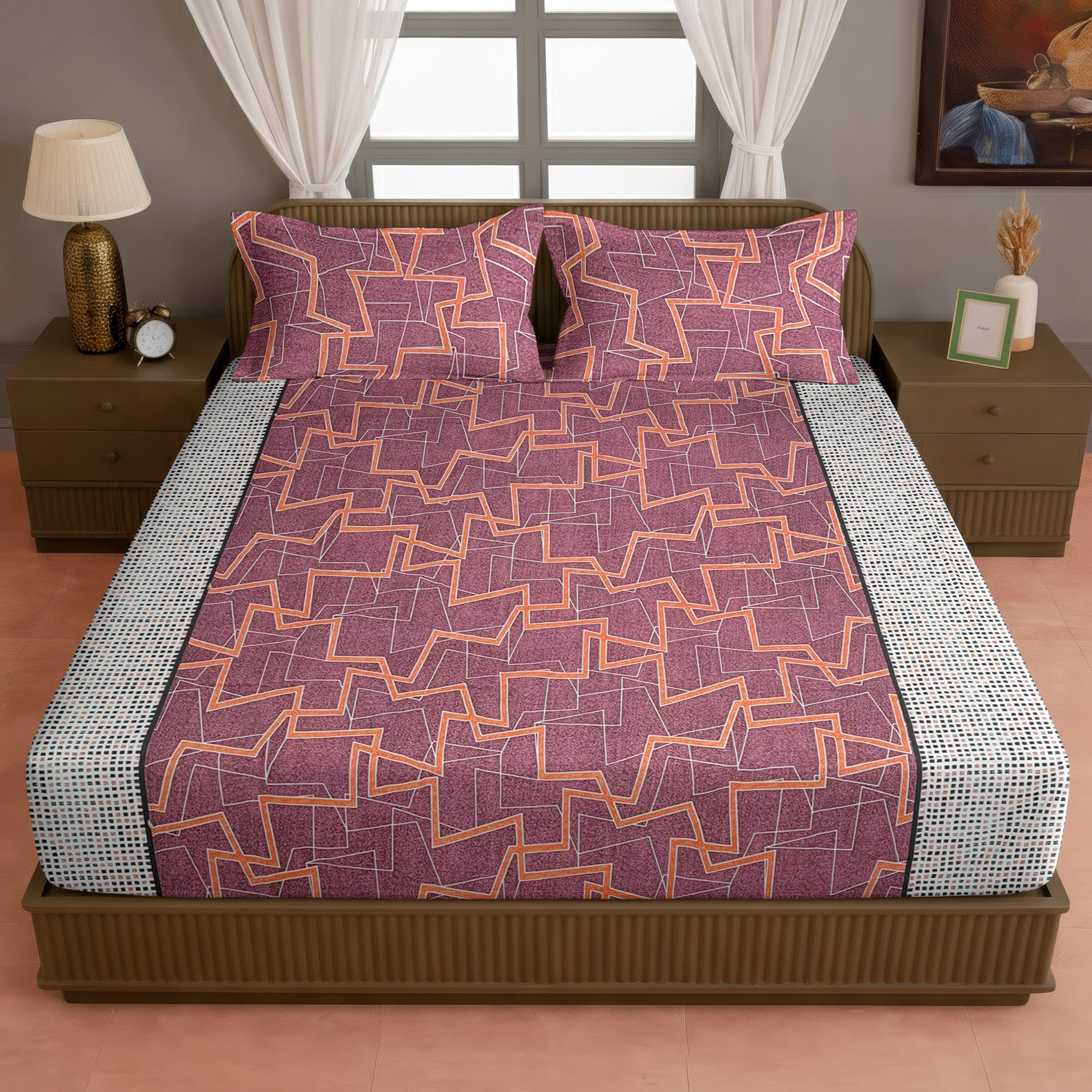Terracotta Maze 120 TC Pure Cotton Bedsheet Set with Pillow Cover