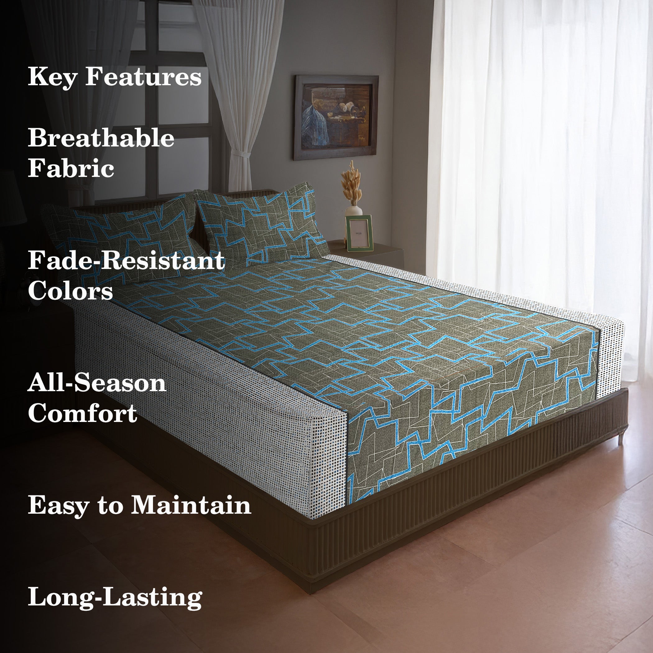 Electric Maze Olive 120 TC Pure Cotton Bedsheet Set with Pillow Cover