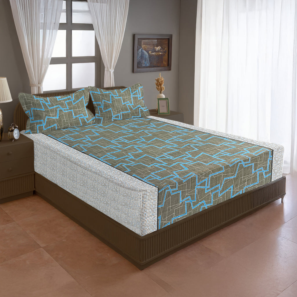 Electric Maze Olive 120 TC Pure Cotton Bedsheet Set with Pillow Cover