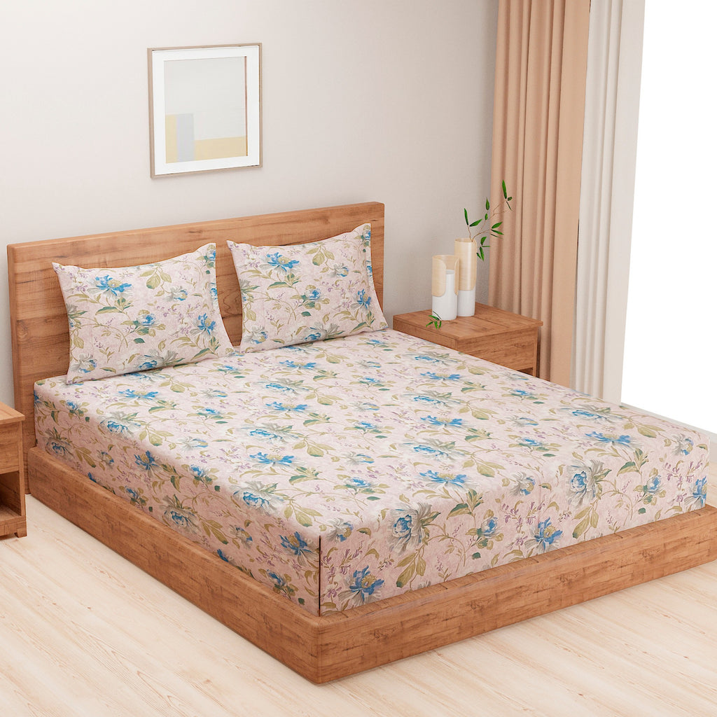 Blush Blue Garden Blooms 120 TC Pure Cotton Bedsheet Set with Pillow Cover