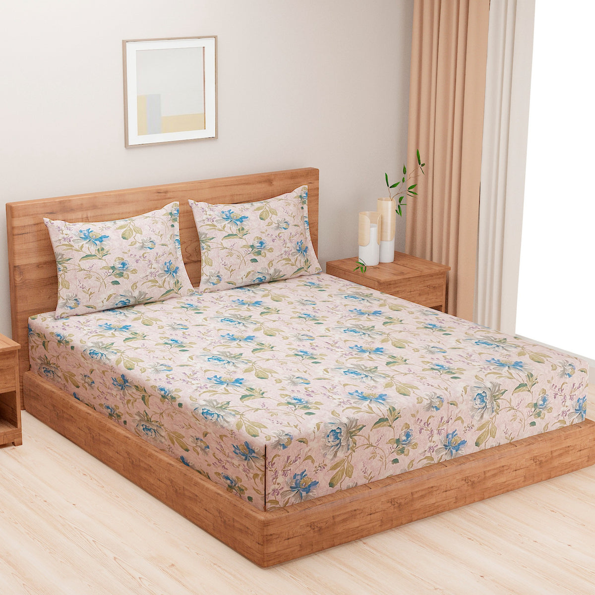 Blush Blue Garden Blooms 120 TC Pure Cotton Bedsheet Set with Pillow Cover