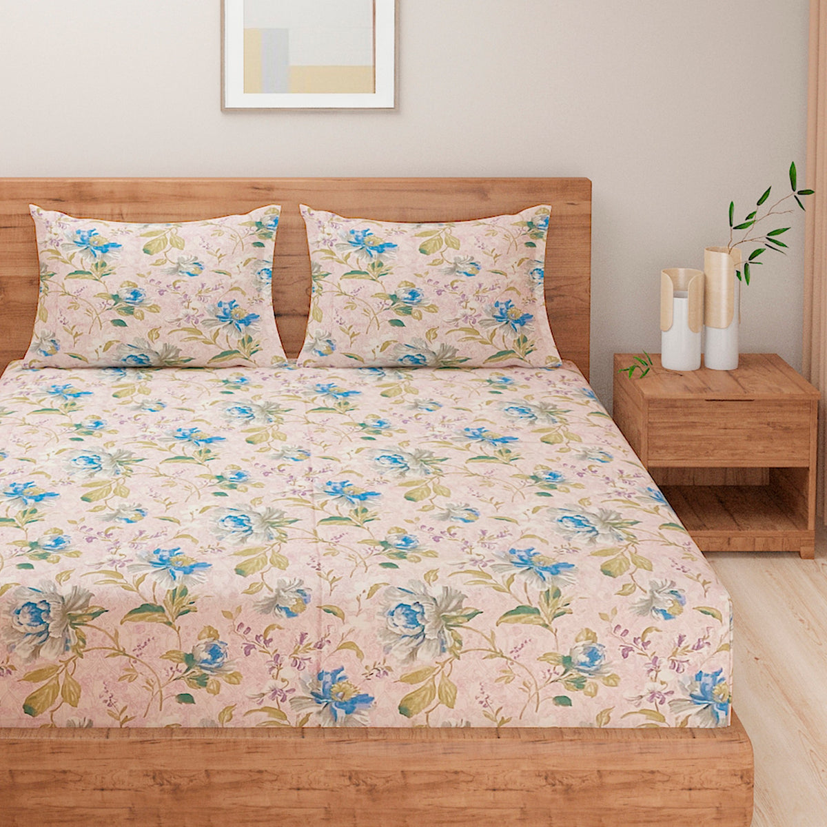 Blush Blue Garden Blooms 120 TC Pure Cotton Bedsheet Set with Pillow Cover