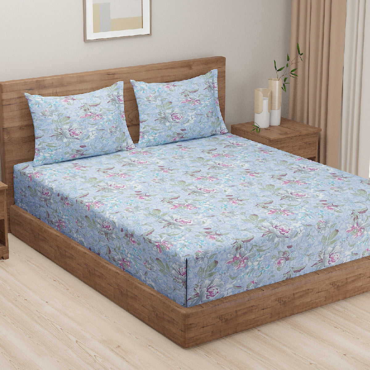 Powder Blue Rose Garden 120 TC Pure Cotton Bedsheet Set with Pillow Cover