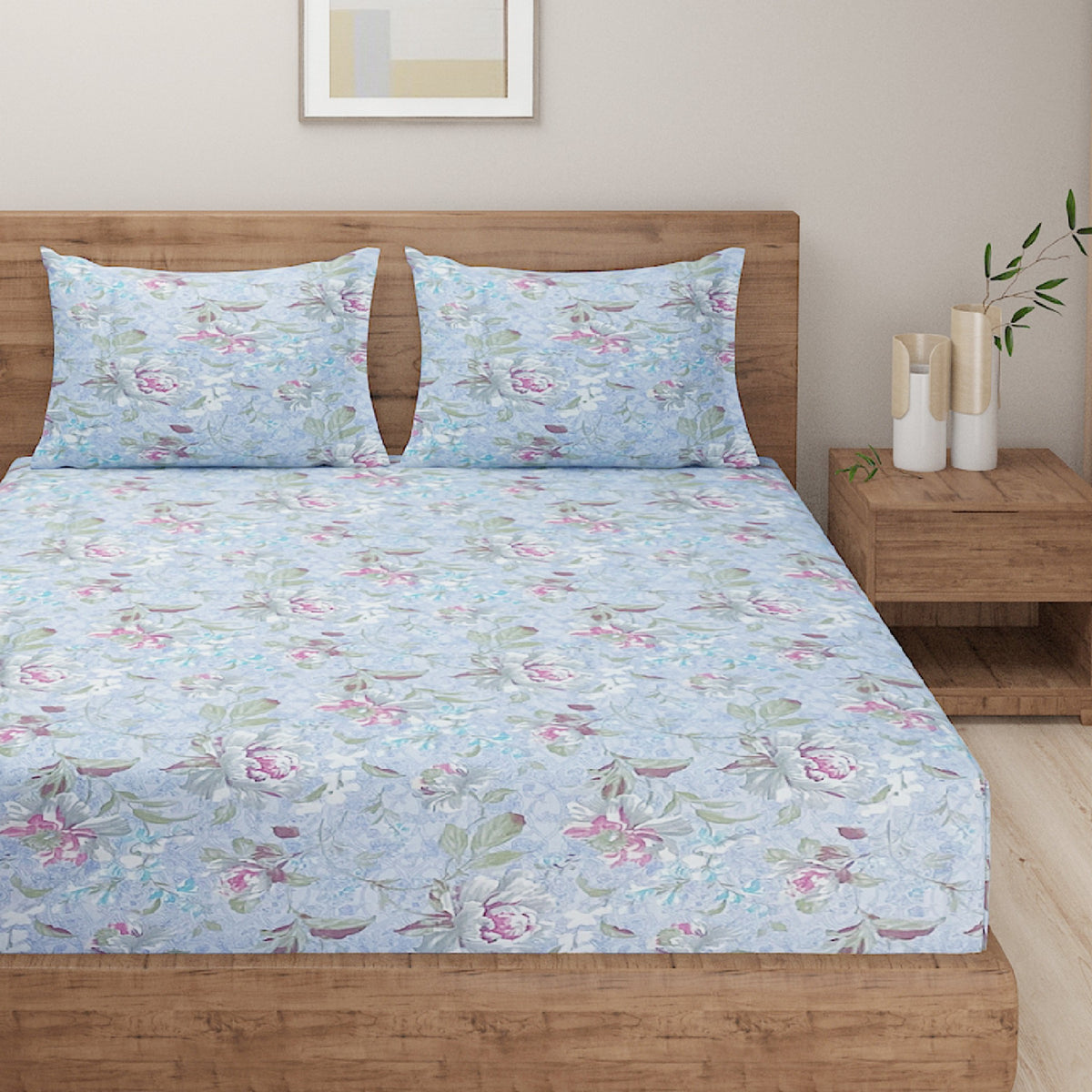 Powder Blue Rose Garden 120 TC Pure Cotton Bedsheet Set with Pillow Cover