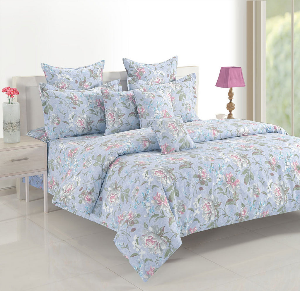 Powder Blue Rose Garden 120 TC Pure Cotton Bedsheet Set with Pillow Cover